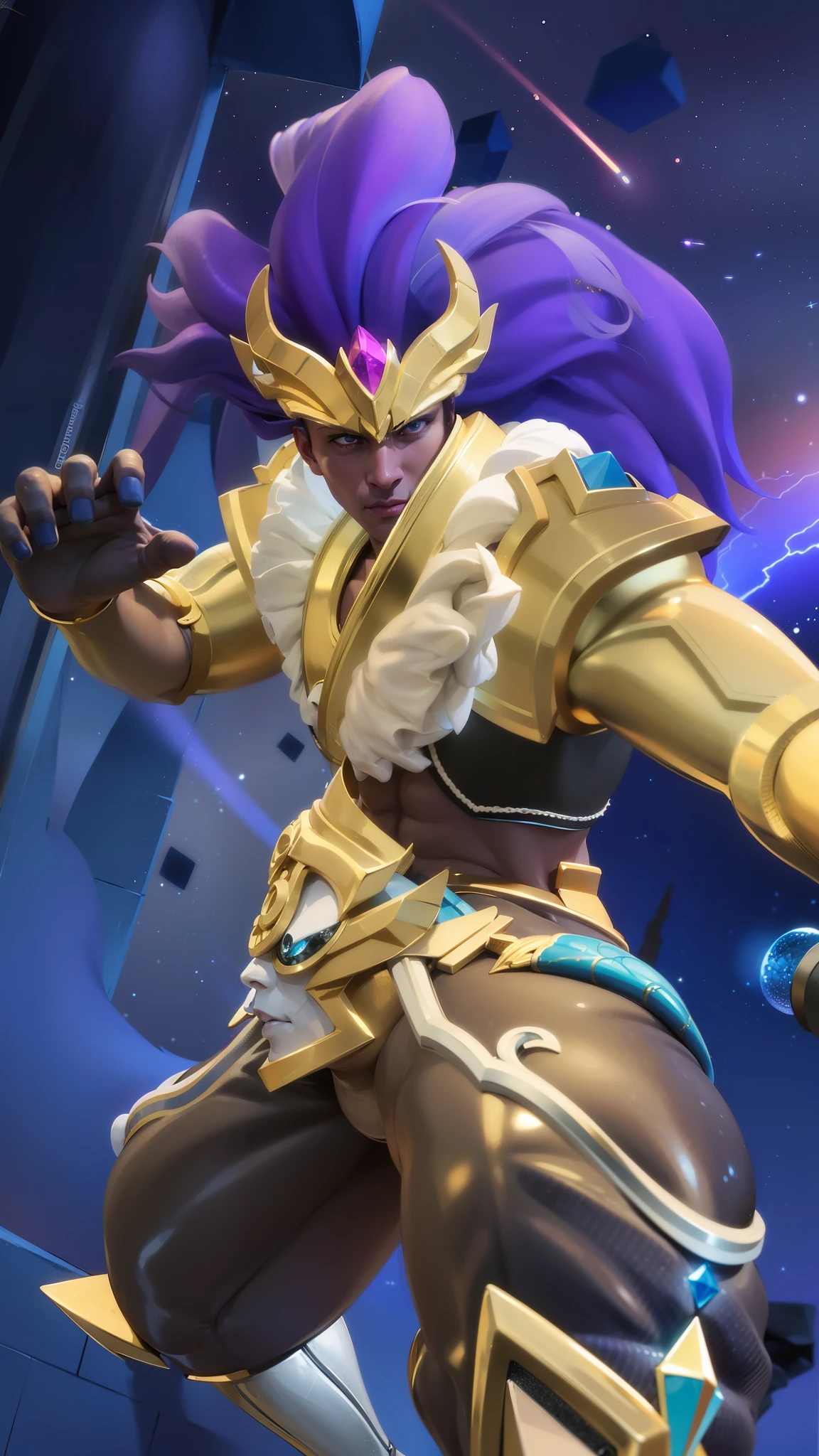 a close up of a male with a purple hair and a gold outfit, Best quality, masterpiece, detailed skin texture, detailed clothes texture, detailed face, super detailed, 8k, intricate detail, The color doesn't change, Muscle guy, 1 male, angry, shining blue eyes.