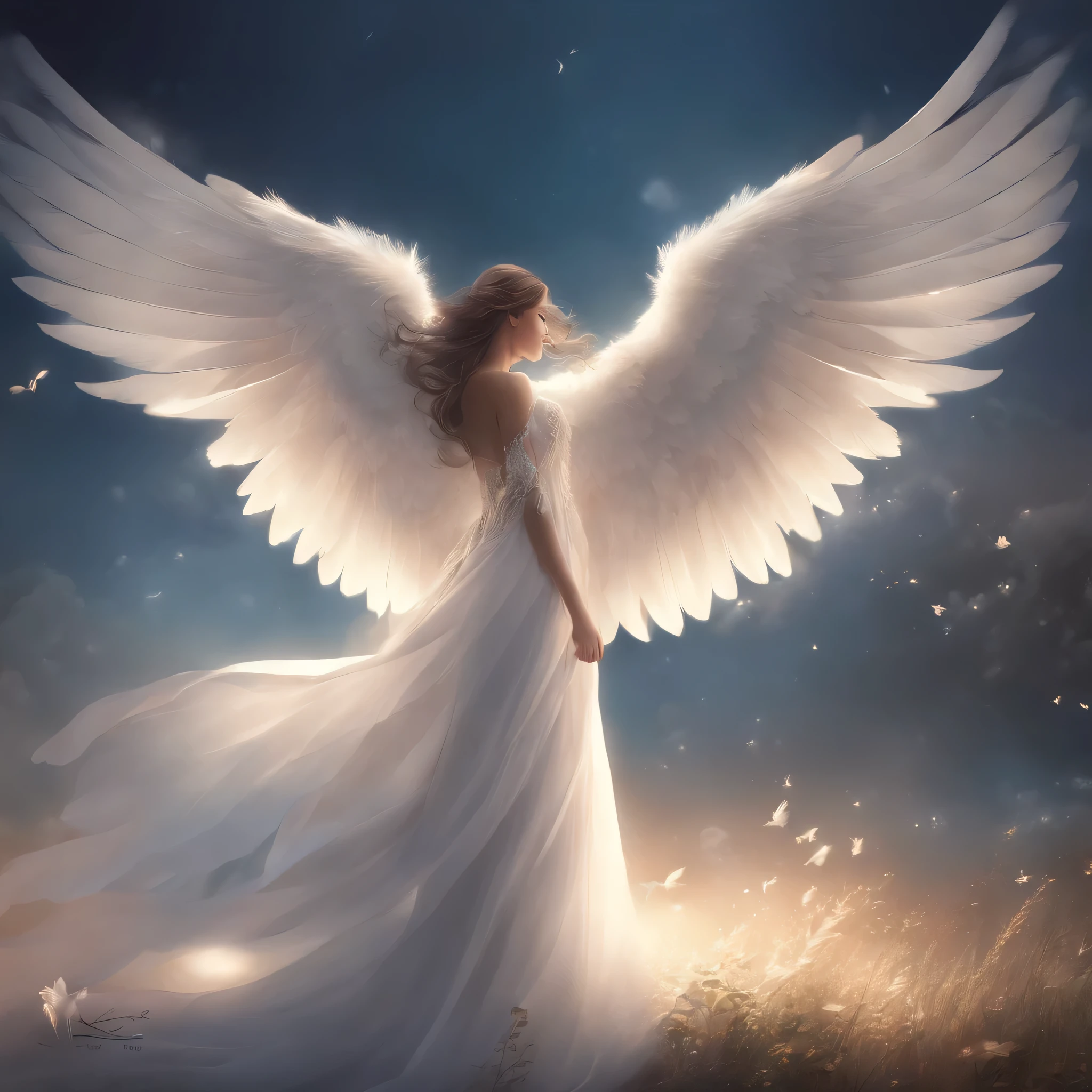 (highest quality,anime:1.2,Portraiture,Super detailed),Angel Wings,Naturalistic,Beautifully detailed wings,feather,Graceful flight,Mysterious glow,Soft pastel colors,Subtle lighting,Isolated from the background