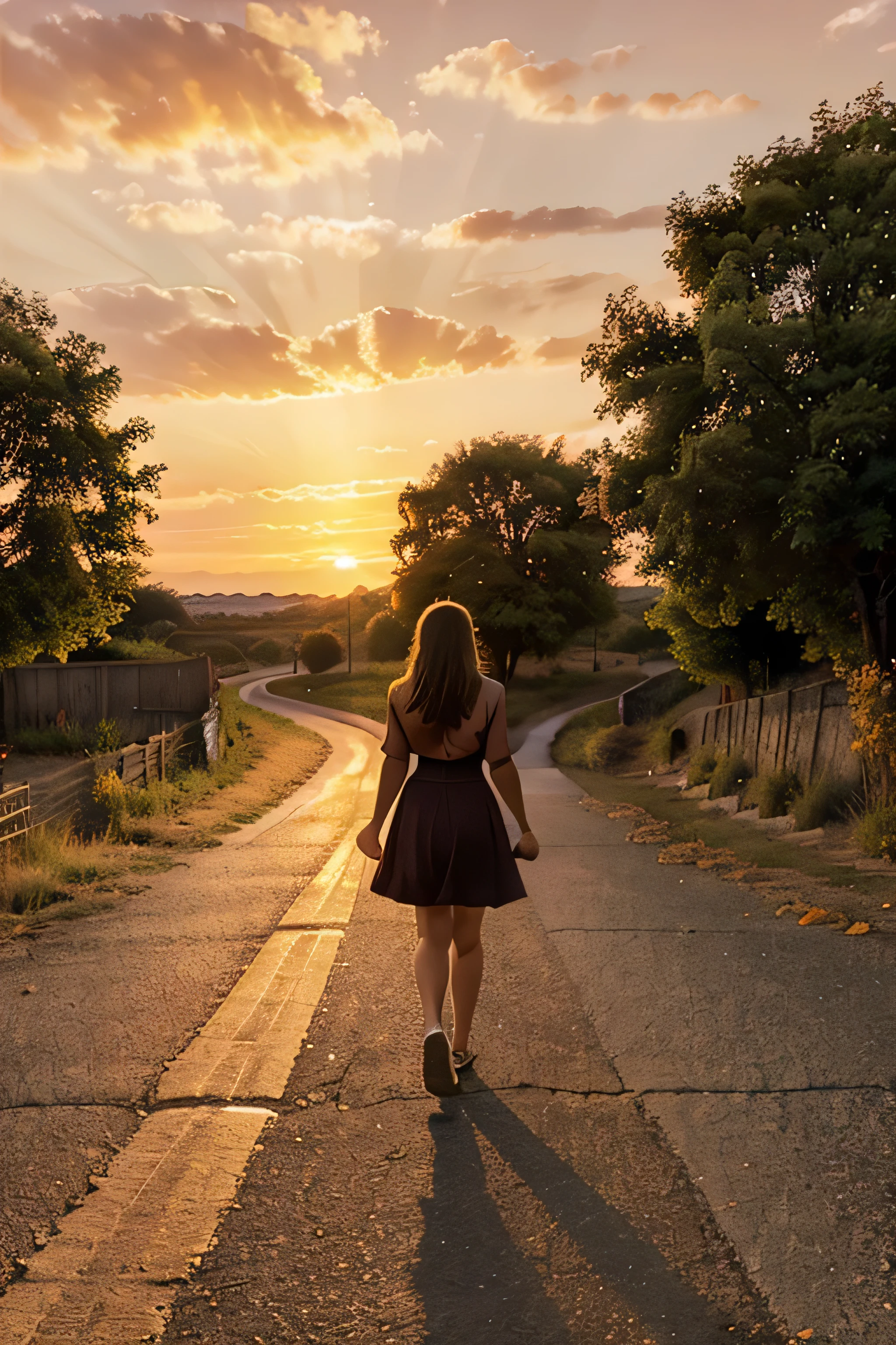 A woman walking on a road with the sunset behind her, warm golden light, rural path, vibrant sunset sky with oranges, pinks, and purples.