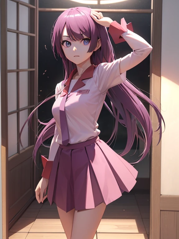 Senjougahara Hitagi , Senjougahara Hitagi , pelo largo, pelo morado, , (ojos azules:1.1), , , naoetsu alto uniforme escolar, Anteojos,
ROMPER skirt, uniforme escolar, naoetsu alto ,
ROMPER indoors, aula,
ROMPER looking at viewer,
ROMPER (Obra maestra:1.2), mejor calidad, high resolution, fondo de pantalla de unidad 8k, (ILLUSTRATION:0.8), (hermosos ojos detallados:1.6), cara extremadamente detallada, perfect lighting, CG extremadamente detallado, (manos perfectas, perfect anatomy),