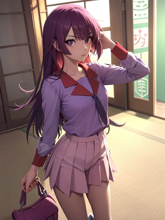 Senjougahara Hitagi , Senjougahara Hitagi , pelo largo, pelo morado, , (ojos azules:1.1), , , naoetsu alto uniforme escolar, Anteojos,
ROMPER skirt, uniforme escolar, naoetsu alto ,
ROMPER indoors, aula,
ROMPER looking at viewer,
ROMPER (Obra maestra:1.2), mejor calidad, high resolution, fondo de pantalla de unidad 8k, (ILLUSTRATION:0.8), (hermosos ojos detallados:1.6), cara extremadamente detallada, perfect lighting, CG extremadamente detallado, (manos perfectas, perfect anatomy),