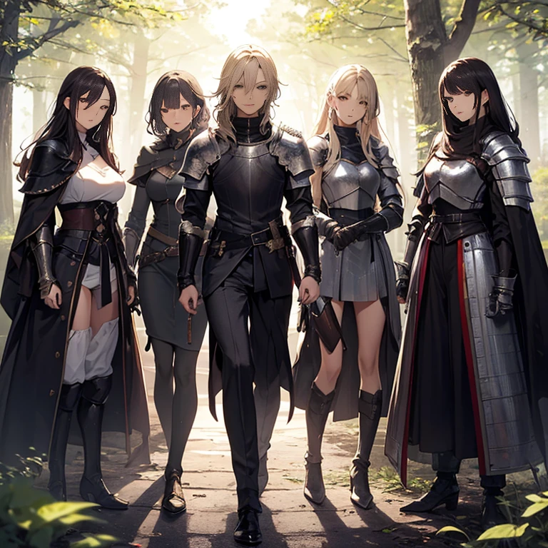 A group of female knight, (in forest), various hair styles, harem, wearing armored clothes, metal armor, night, details face, trousers, seducing, sword