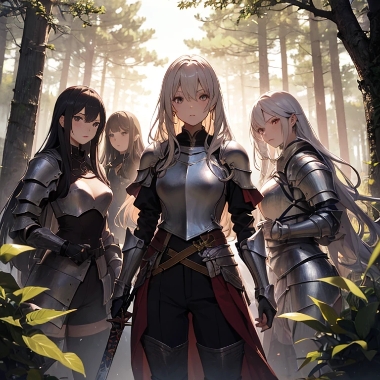 A group of female knight, (in forest), various hair styles, harem, wearing armored clothes, metal armor, night, details face, trousers, seducing, sword