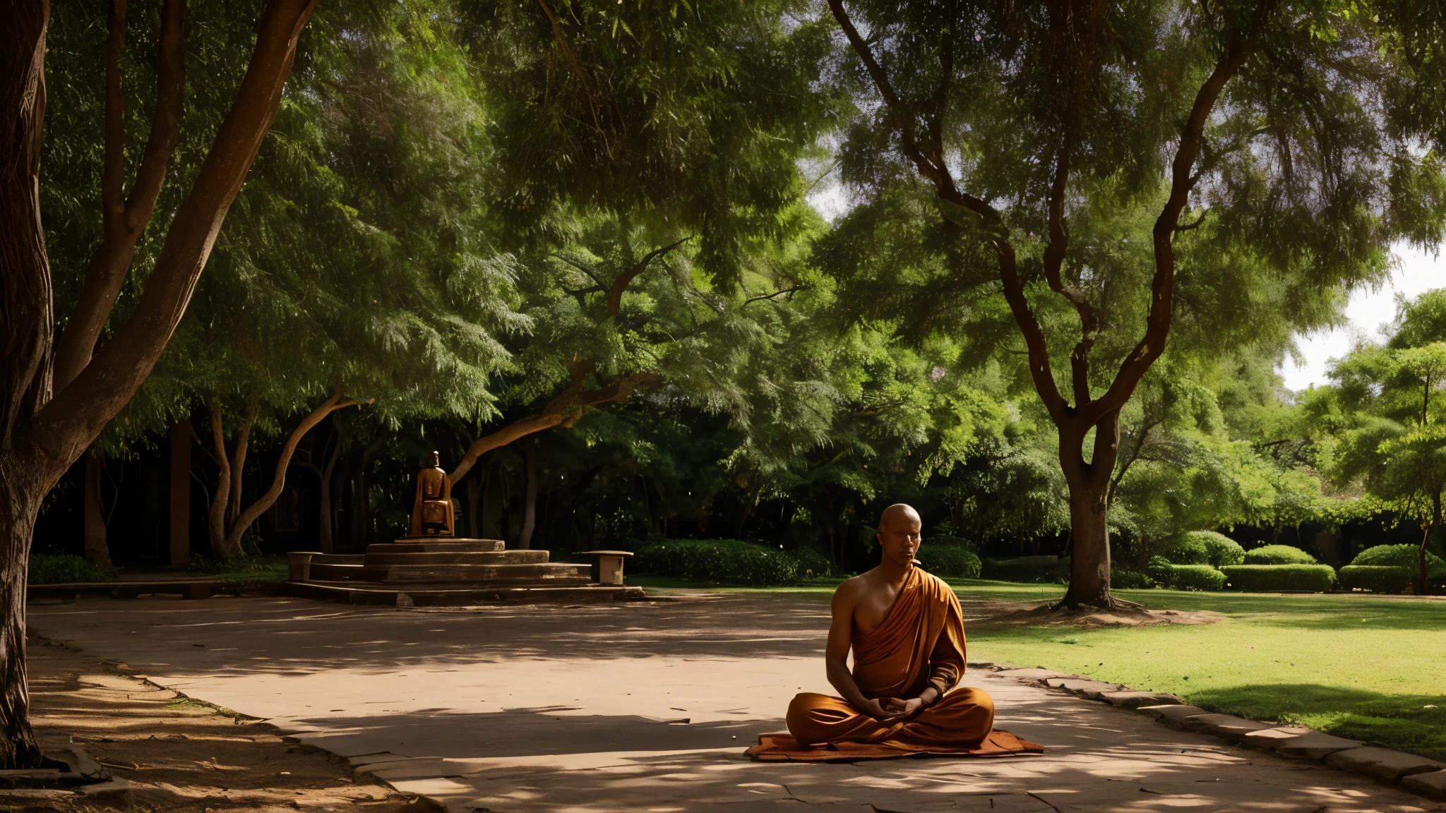 Arjuna approaching a serene monk meditating under a shady tree.