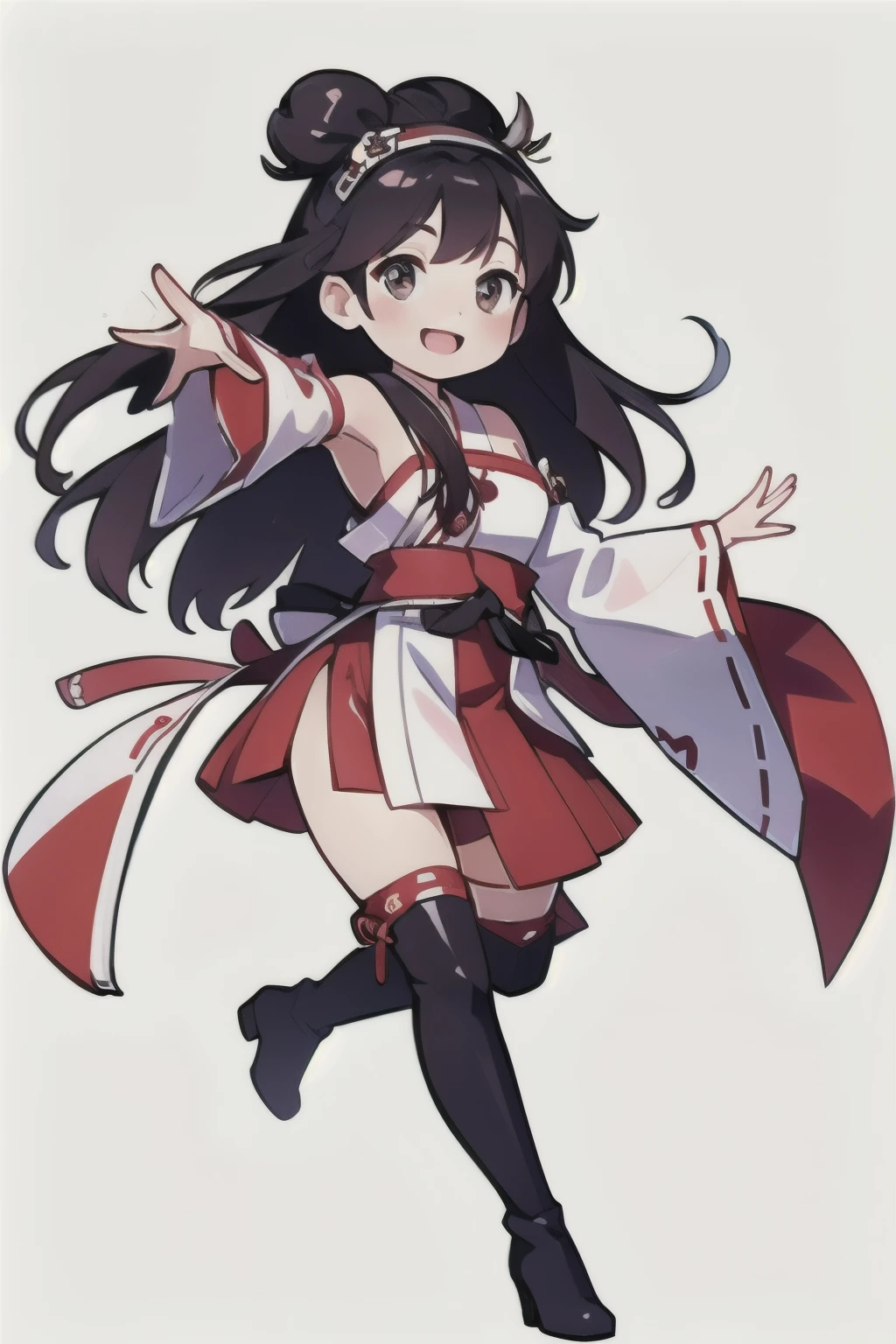 concept art, original character Design, Q version characters, 1 Girl, Solitary, long hair, Plum blossom decoration, Red Cliff, High Leg Raise, open mouth, nontraDitional miko, hairbanD, Ahog, Smile, DetacheD sleeves, Chinese clothes, thigh boots, Brown eyes, skirt, boots, Hair Bun, Ribbon trim, Double bun, Absolutely great opportunity, ribbon-trimmeD sleeves, :D, simple backgrounD, Hair accessories, heaDgear, white backgrounD, outstretcheD arm, bare shoulDers