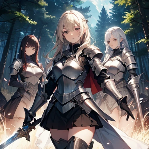 A group of  female knight, (in forest), various hair styles, harem, wearing armored clothes, metal armor, night, details face, , short skirt, seducing, sword 