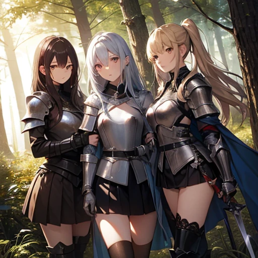 A group of female knight, (in forest), various hair styles, harem, wearing armored clothes, metal armor, night, details face, , short skirt, seducing, sword