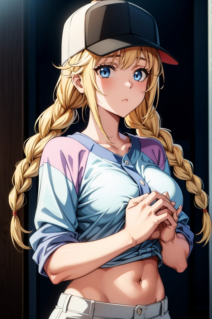 an anime figure of a blonde girl with a baseball cap, praying hands, 1girl, solo, blue eyes, blonde hair, hat, braid, navel, baseball cap, long hair, twin braids, bangs, looking at viewer, upper body, breasts