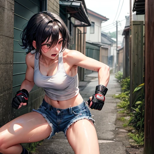 Cute Japanese female fighter with black hair and shorts cut fighting in a back alley, drenched in sweat. Tank top. Denim shorts. Open finger gloves.