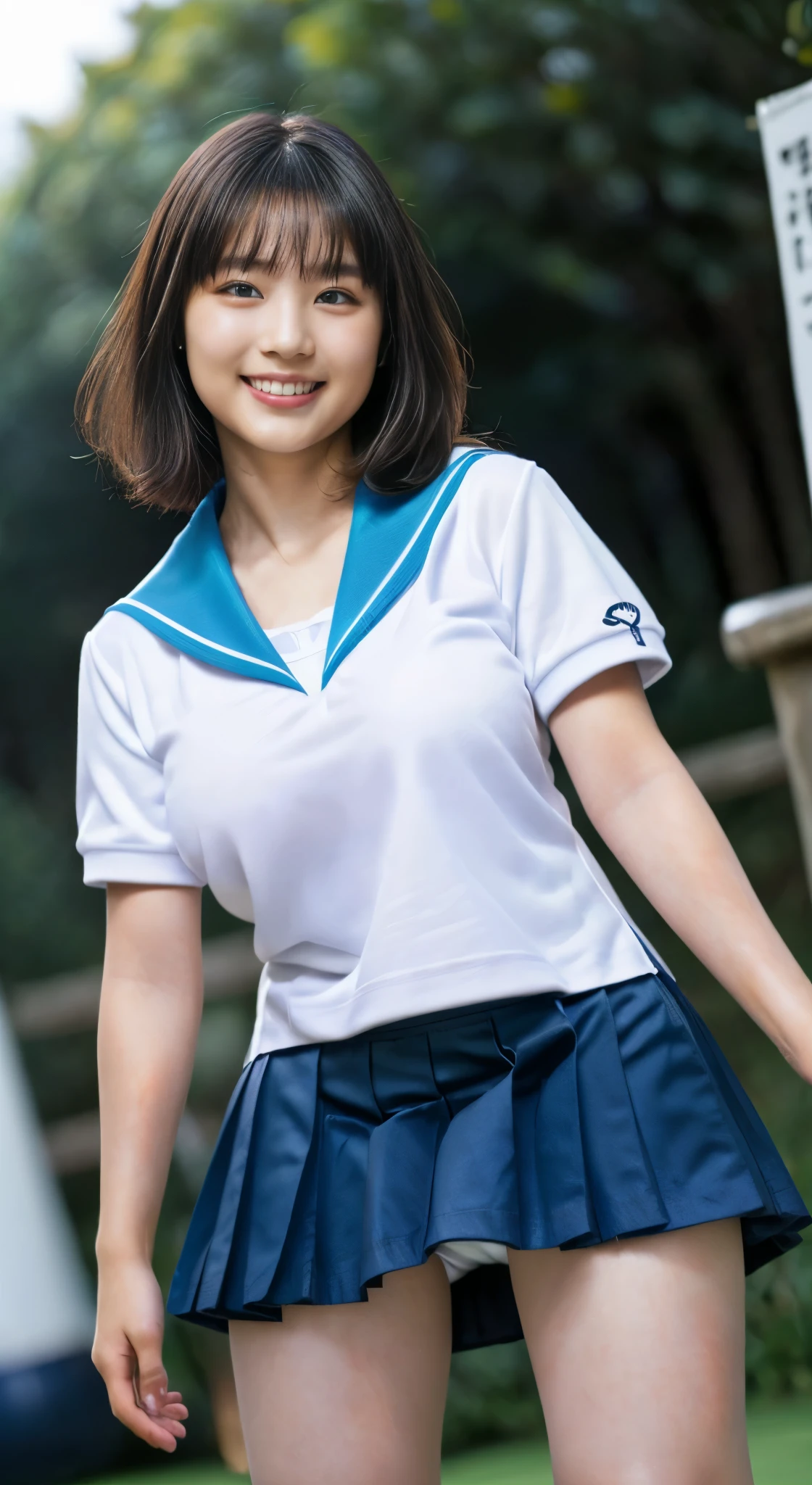 (8k、Raw photography、highest quality、masterpiece:1.2),(Black Hair:1.5),(Very short hair:1.4),(1 high school girl:1.6)、(school uniform、Polo shirt、skirt: 1.6)、(Clothing that emphasizes the shape of your chest:1.4)、(Big Breasts:1.9)、(Light blue sailor suit:1.5)、Ultra-high resolution,(grassland:1.3)、(Japanese women: 1.2),(Realistic:1.37)、Photon Mapping,reality、(very cute: 1.9)、(Cute Smile: 1.8)、(Round face: 2.0)、(: 1.4)、Radio City、Physically Based Rendering、Depth of field rally background、photograph, (丈が短すぎるskirtを履いている: 2.0)、(チェック柄のプリーツskirt:1.5)、(White panties are visible:1.4),(Angle from below、Your thighs are beautiful: 1.5)、whole body、Great quality