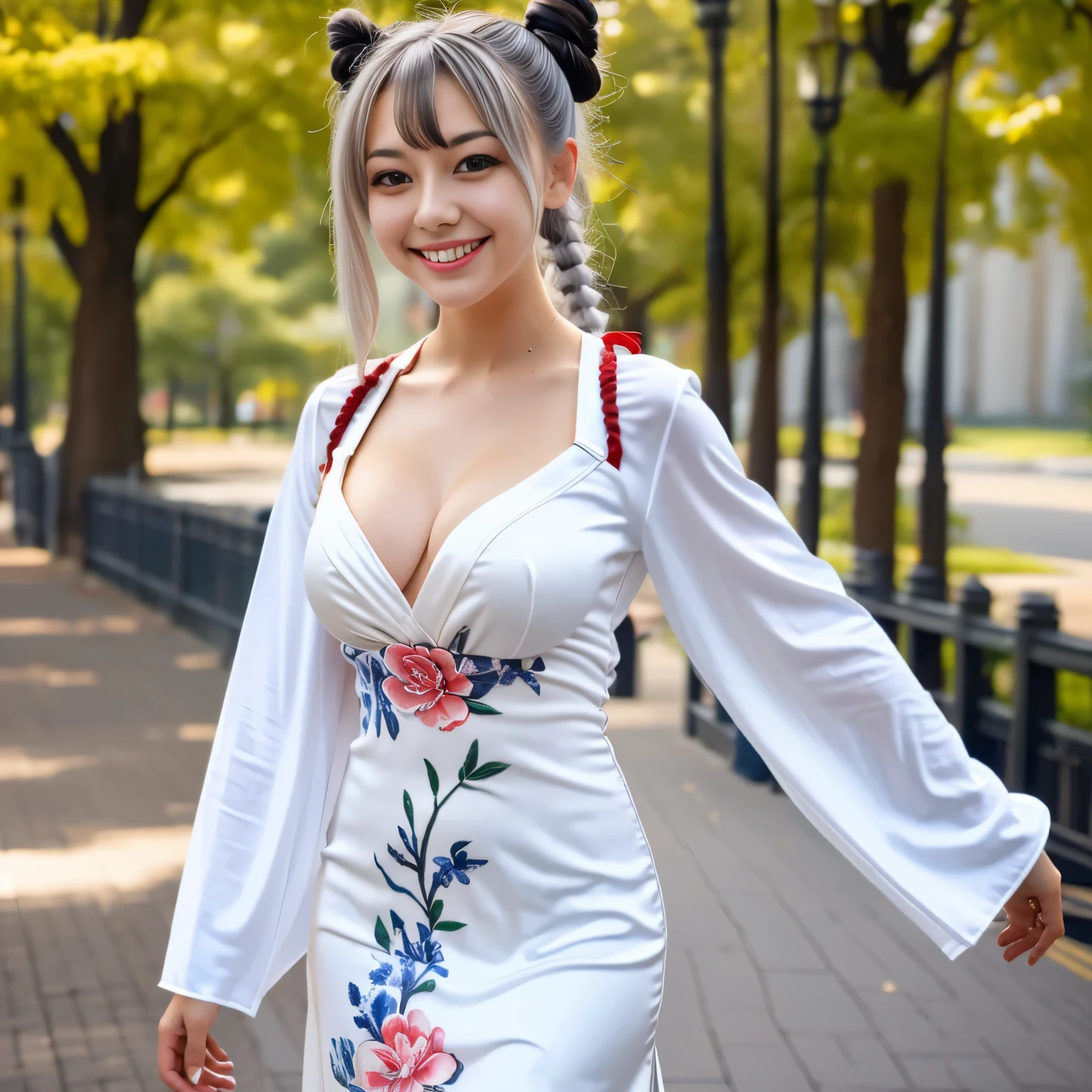 masterpiece, best quality, 1girl, solo, long hair, looking at viewer, smile, bangs, hair ornament, red eyes, long sleeves, dress, standing, collarbone, white hair, grey hair, alternate costume, wide sleeves, tree, chinese clothes, hairpin, hanfu, ningguang (genshin impact), Ningguang,  