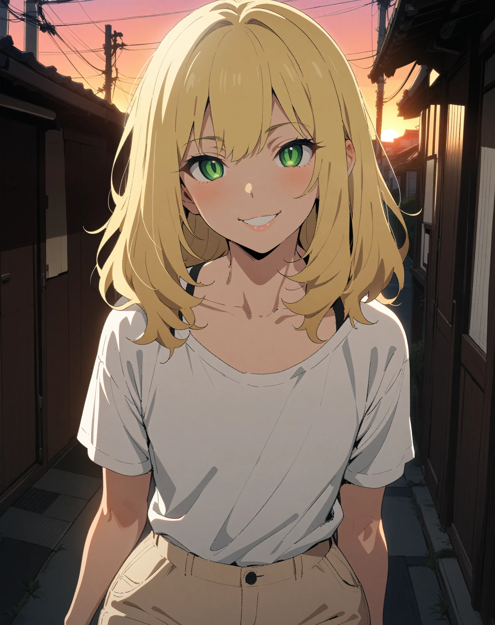 (Masterpiece, best quality, highres, portrait) {{Artist: Sincos}} 1 man, solo, mature, short, 30 years old, fair skin, sharp eyes, green eyes, wide hips, thick ass, flat chest, medium hair, blonde hair, lips, smile, standing straight, looking at camera, facing camera, from in front, beige shorts, white t-shirt, at sunset, in Japanese street.