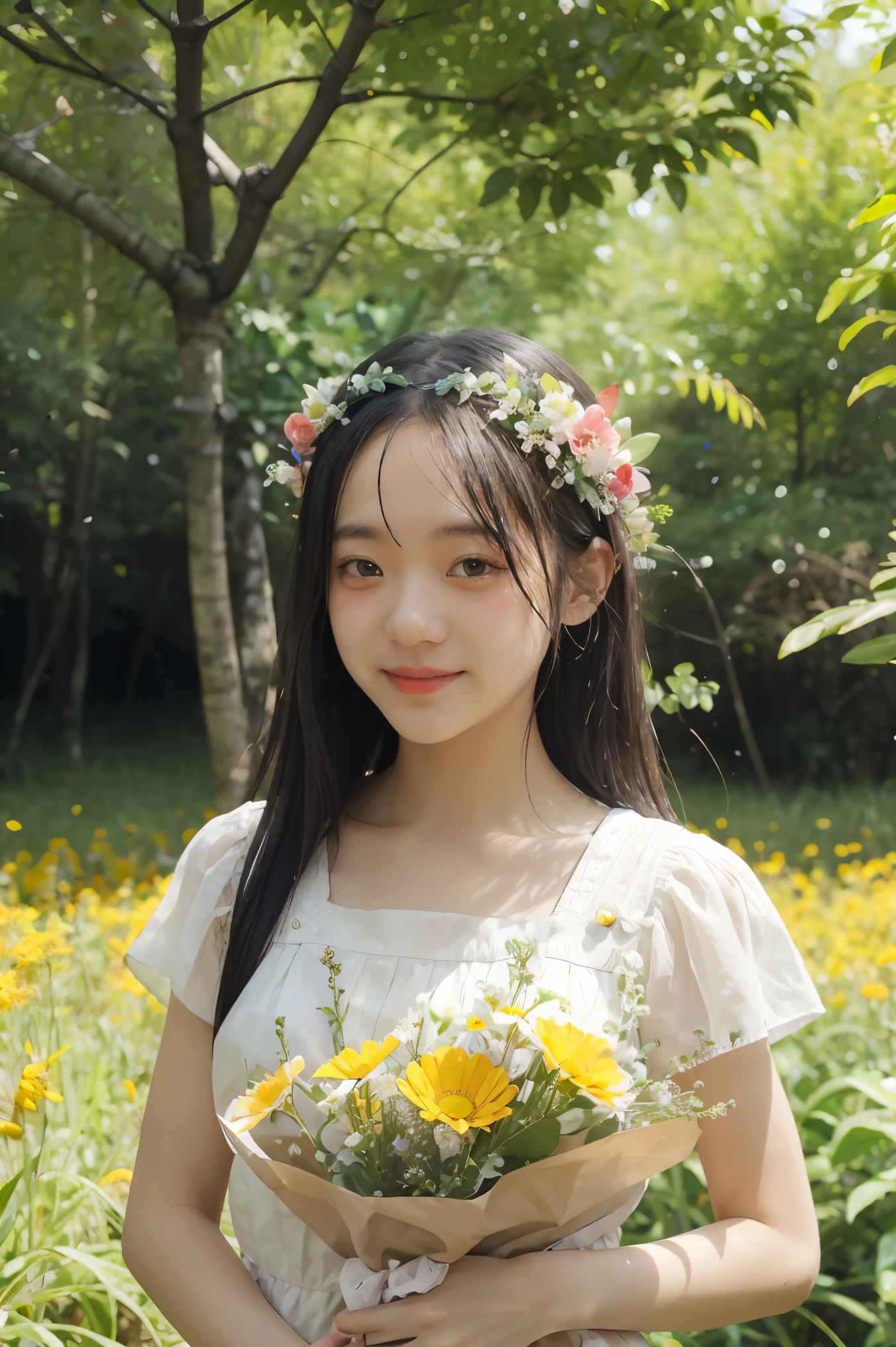 There was a in a red and white dress holding a bouquet of flowers., girl in flowers, flower picking, holding flowers, pick up flowers, The girl stands in a field of flowers., The girl stands in a field of flowers., flowers on heir cheeks, Girl in a field of flowers, แนวของGirl in a field of flowers, girl walking in the forest, girl with flower head