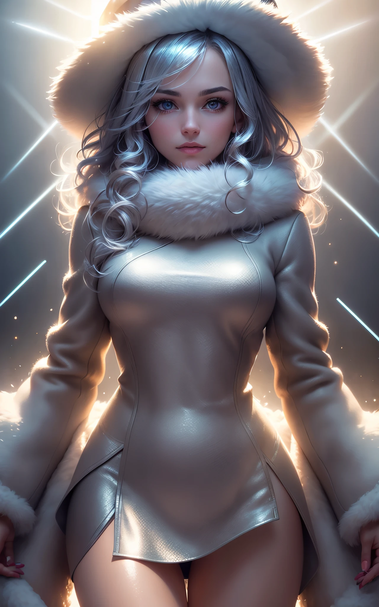 (award winning 64k concept art:1.2) of (young woman:1.2) in fur coat, fur hat, sweet, holding her breath, front, epic, god rays, centered, (upper body:1.2), (masterpiece:1.2), (best quality:1.3), Amazing, highly detailed, beautiful, finely detailed, warm soft color grading, (Depth of field:1.4), extremely detailed k, fine art, stunning, (light reflections:1.3), (crisp:1.6), silver short curls, winter, vibrant, sunlit, (edge detection:1.4), absurdres, impressive, 120mm, glittering, extremely clear, lens flare, motion lines