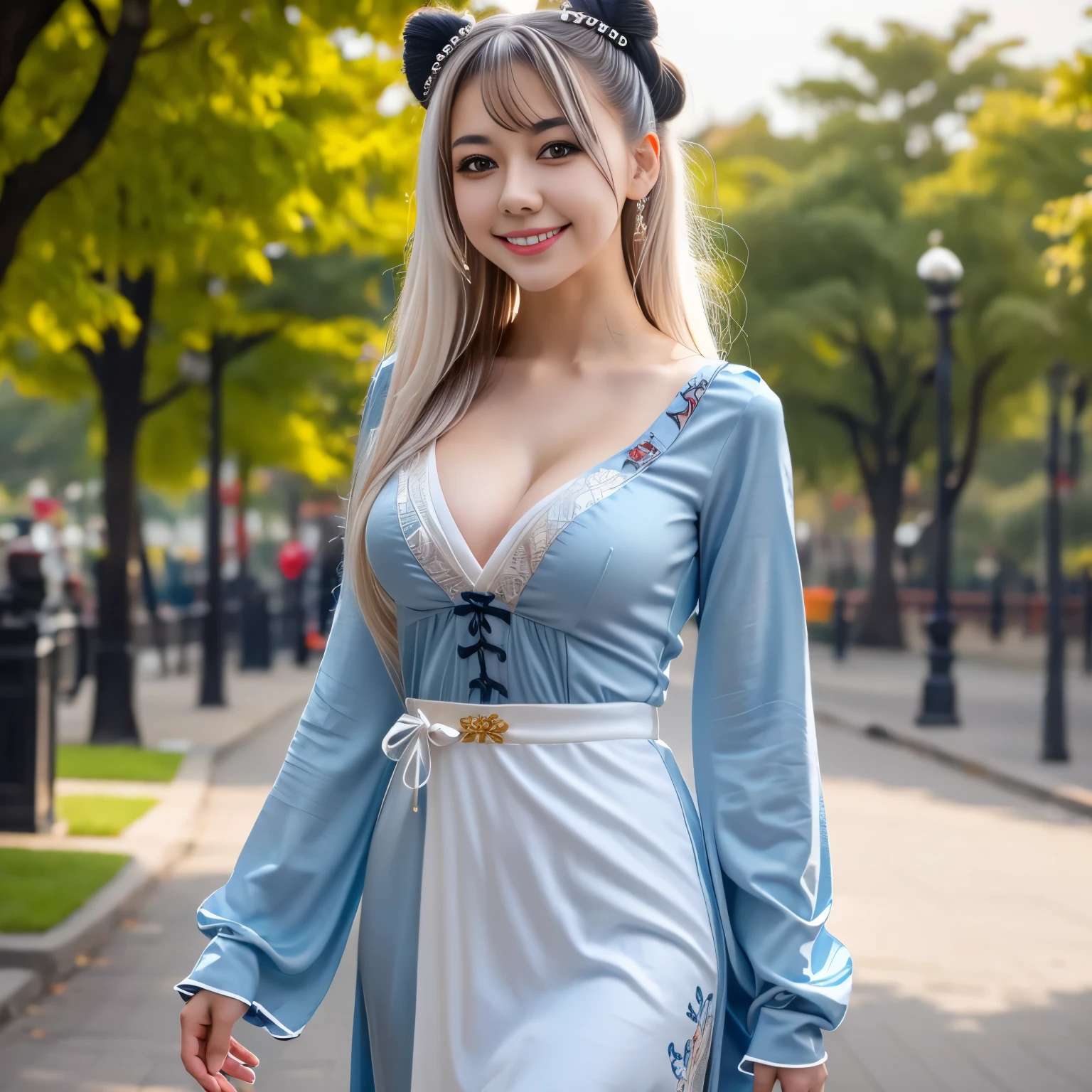 masterpiece, best quality, 1girl, solo, long hair, looking at viewer, smile, bangs, hair ornament, red eyes, long sleeves, dress, standing, collarbone, white hair, grey hair, alternate costume, wide sleeves, tree, chinese clothes, hairpin, hanfu, ningguang (genshin impact), Ningguang,  