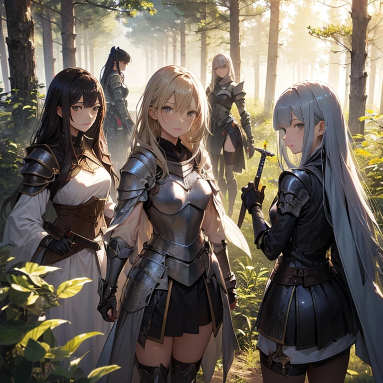 A group of female knight, (in forest), various hair styles, harem, wearing armored clothes, metal armor, night, details face, , short skirt, seducing, sword