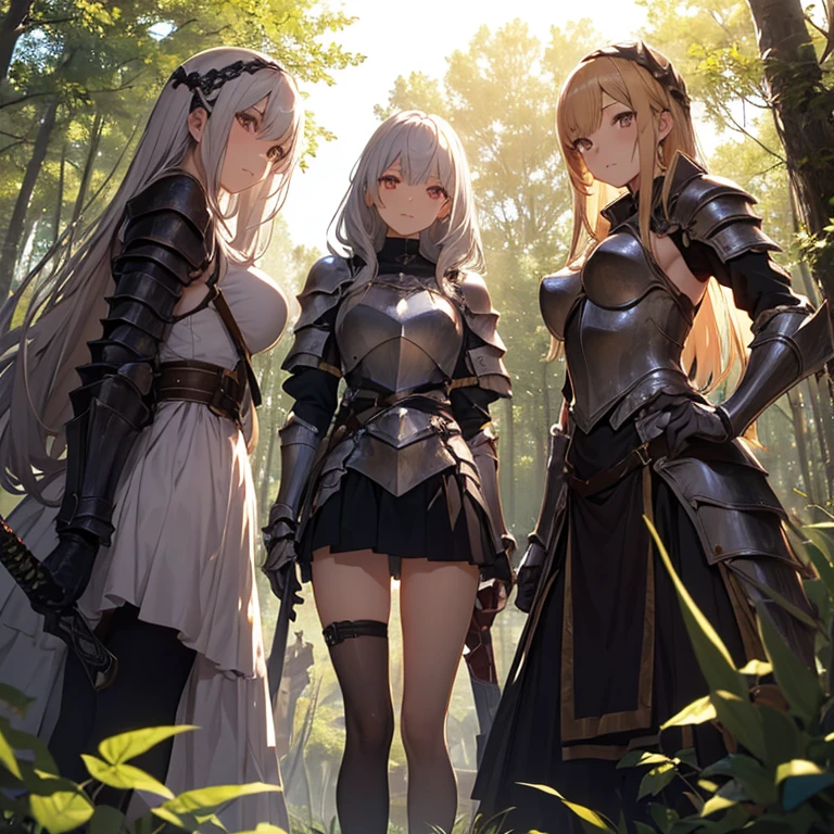 A group of  female knight, (in forest), various hair styles, harem, wearing armored clothes, metal armor, night, details face, , short skirt, seducing, sword 