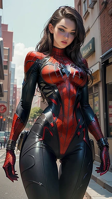 Beautiful woman detailed defined body using spider man cosplay, big breasts