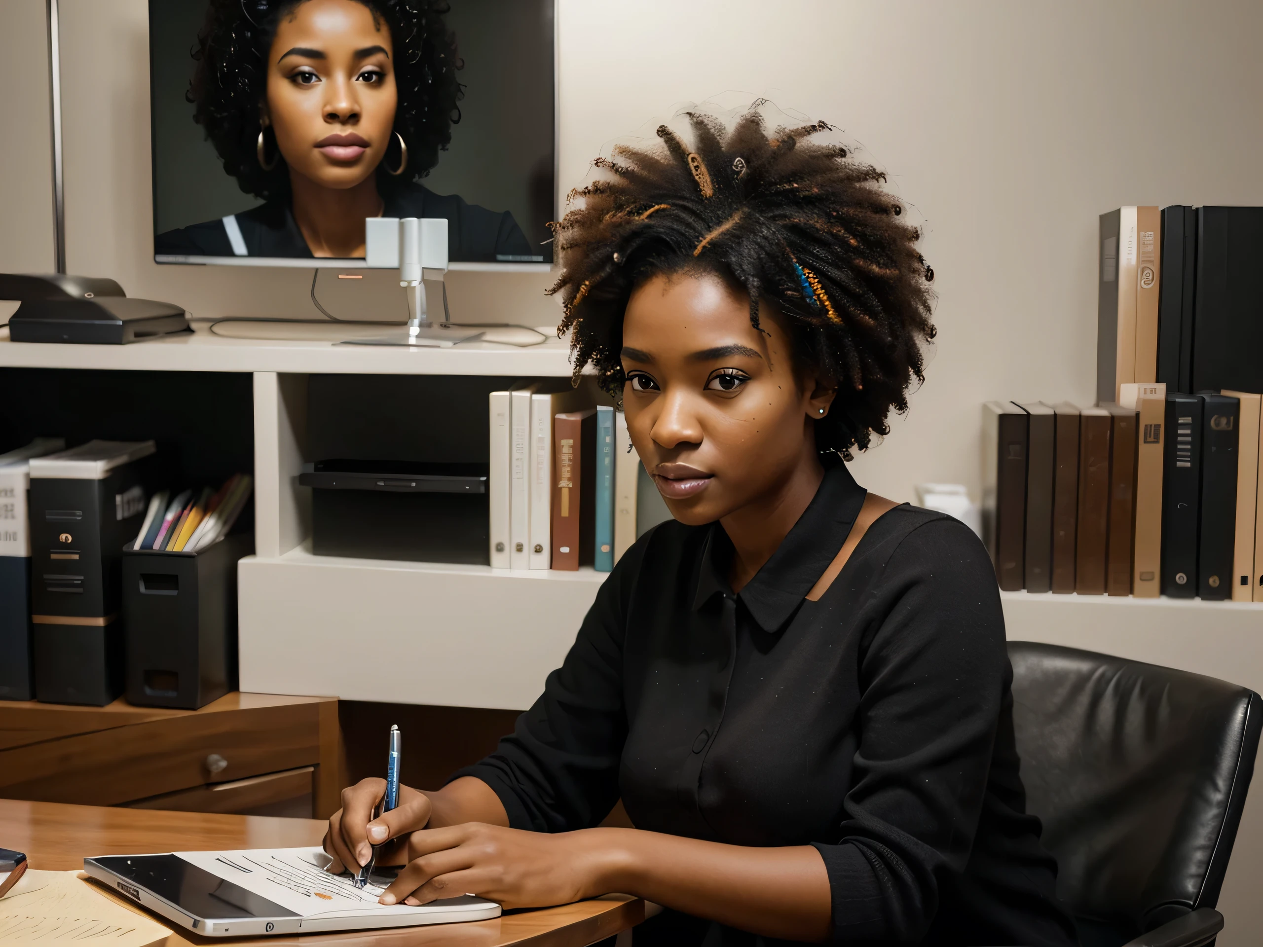 a beautiful black woman with an afro hairstyle, detailed facial features, wearing office attire, working on a notebook computer with a tablet on the desk in a well-lit, modern office environment, photorealistic, 8k, (best quality,4k,8k,highres,masterpiece:1.2),ultra-detailed,(realistic,photorealistic,photo-realistic:1.37),HDR,studio lighting,extremely detailed,professional,vivid colors,sharp focus