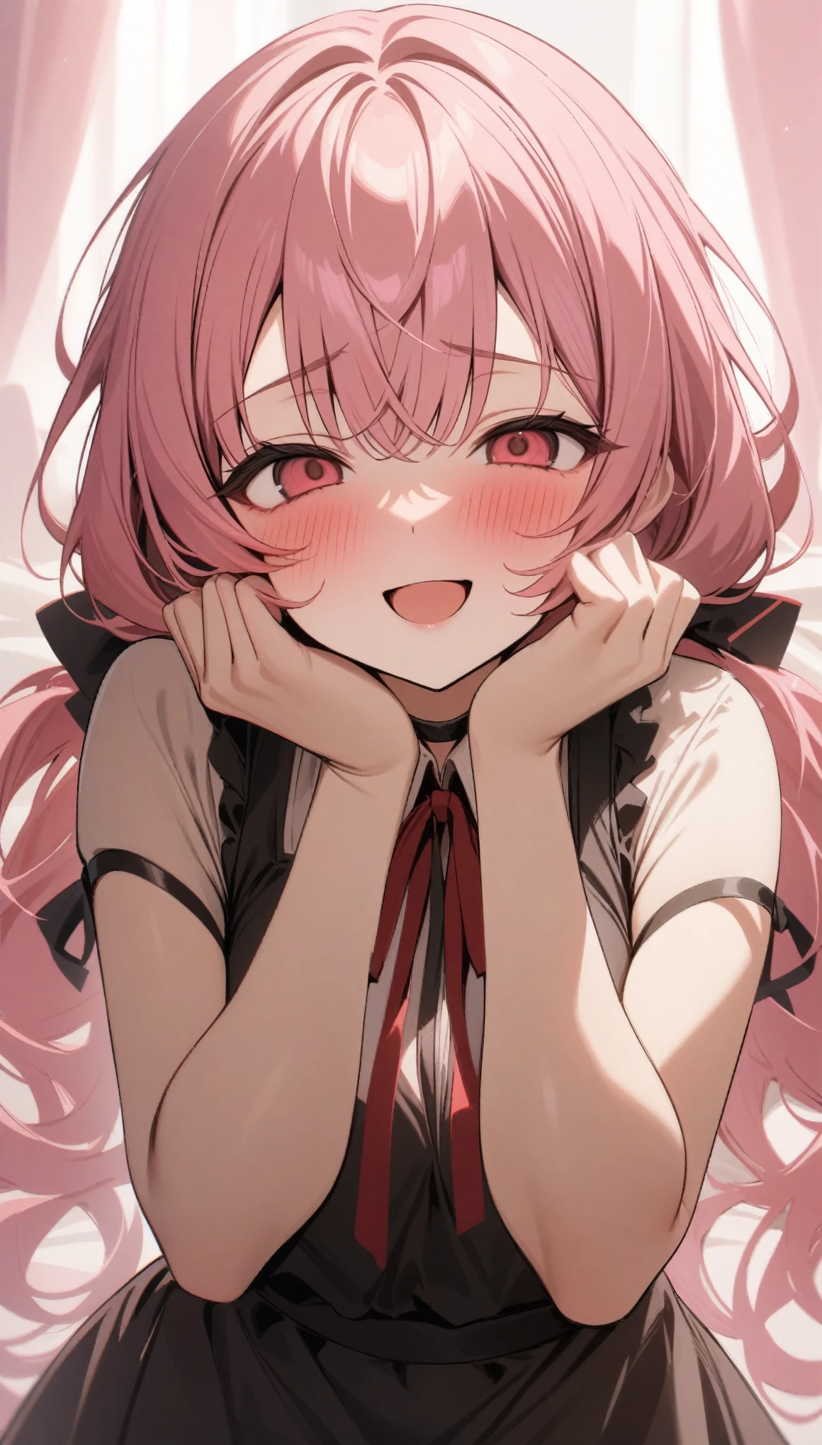 masterpiece, best quality, very aesthetic, absurdres, newest, 
gasai_yuno(mirai_nikki), 1girl, blush, hands_on_own_cheeks, hands_on_own_face, looking_at_viewer, open_mouth, pink_background, pink_hair, red_ribbon, ribbon, smile, upper_body, yandere, yandere_trance