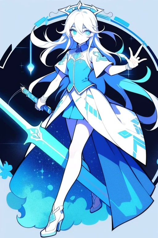 Half-length statue of a girl，k hd，4K，face expressionless，style of anime，sideface，white backgrounid，blue color eyes，white color hair,((full body)),Confused eyes,(default character)SD character, masterpiece,best quality,ultra detailed,4K,super fine illustration,highly detailed beautiful face and eyes,cyan color scheme, lighting,fantasy,extremely solemn atmosphere,long hair,floating hair,smirk,fighting stance,dynamic pose,(holding glowing sword:1.3),particle light,luminescence,plasma,electric current,blue flame,sense of depth,dynamic angle,