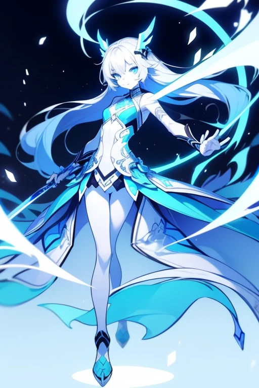 Girl, K HD, 4K, expressionless, anime style, blue eyes, white hair, ((full body)), puzzled eyes, (deformer character) Masterpiece, highest quality, ultra-definition, 4K, ultra-definition illustration, high resolution Beautiful face and eyes , light blue color scheme, lighting, fantasy, solemn atmosphere, long hair, waving hair, smile, fighting posture, dynamic pose, particle light, luminescence, plasma, electric current, blue flame, sense of depth, dynamic angle,
