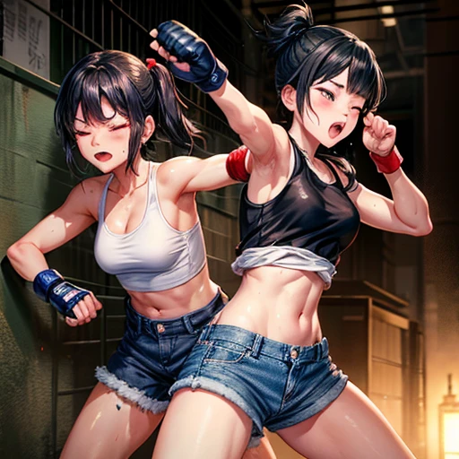 Two cute Japanese female fighters with black hair and shorts cut fighting in a back alley, drenched in sweat. One eye closed, out of breath. Tank tops. Denim shorts. Open finger gloves.