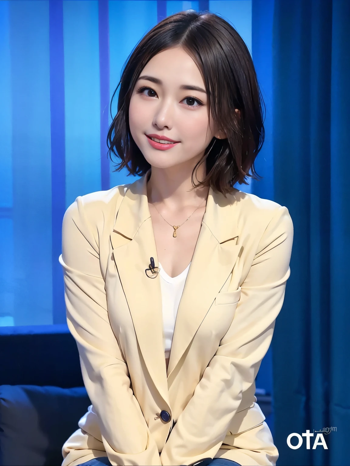 Best image quality、Ultra-high resolution、One Girl、Beautiful expression、Short fine hair､Announcer wearing a tight long-sleeved suit、Sitting in the studio, Charmaine Yu