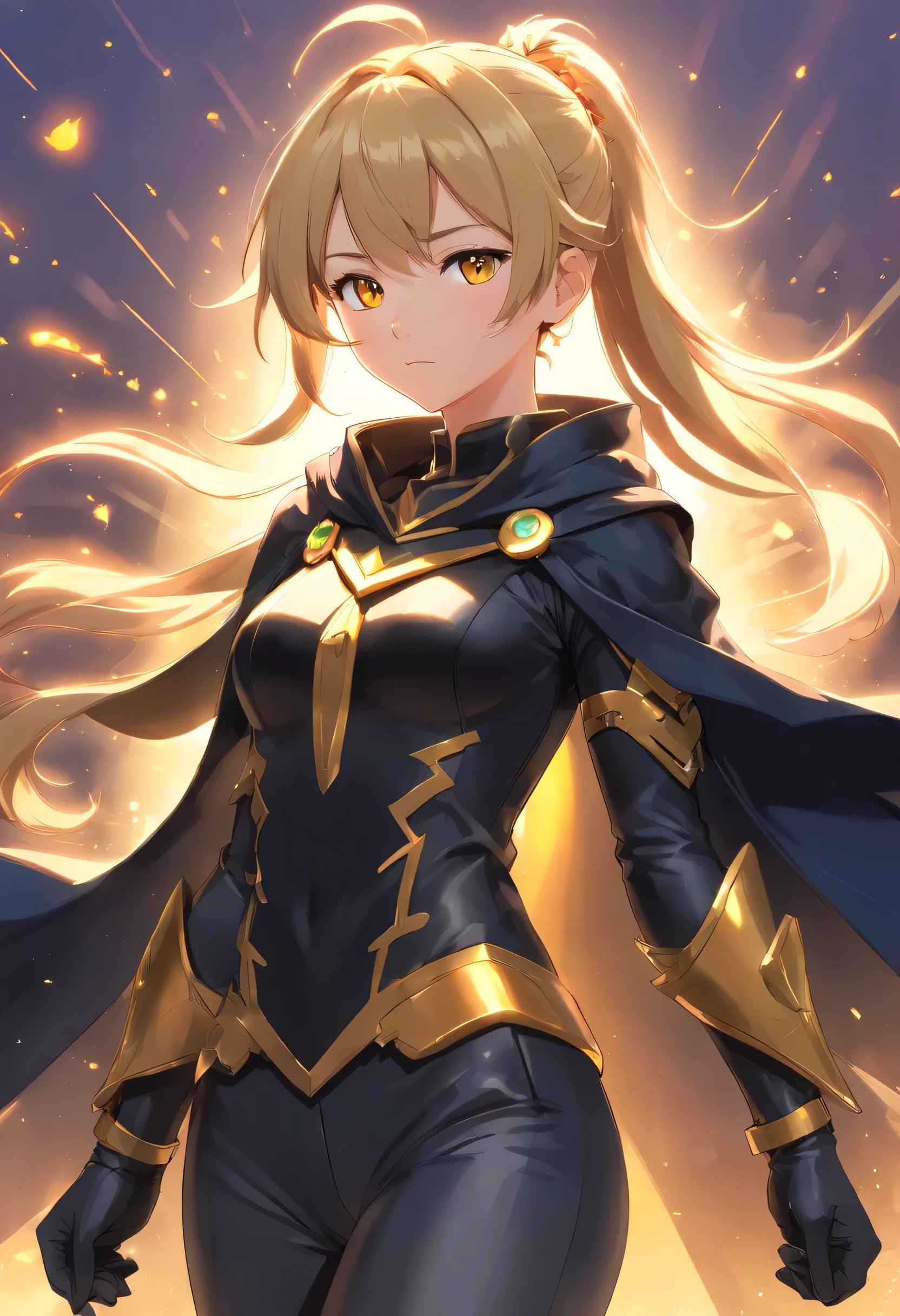 full body, ((masterpiece)), sorcerer woman, golden eyes, cute face, black cloak, black shirt, golden chest armor, black pants, black long boots cover in golden armor, black gloves cover in golden armor, freckles, ponytail, blonde hair, standing