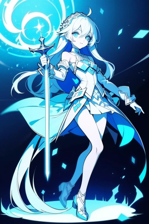 Half-length statue of a girl，k hd，4K，face expressionless，style of anime，sideface，white backgrounid，blue color eyes，white color hair,((full body)),Confused eyes,(default character)SD character, masterpiece,best quality,ultra detailed,4K,super fine illustration,highly detailed beautiful face and eyes,cyan color scheme, lighting,fantasy,extremely solemn atmosphere,long hair,floating hair,smirk,fighting stance,dynamic pose,(holding glowing sword:1.3),particle light,luminescence,plasma,electric current,blue flame,sense of depth,dynamic angle,