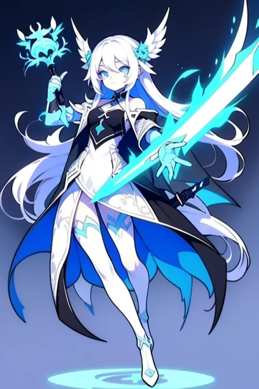 Half-length statue of a girl,k hd,4K,face expressionless,style of anime,sideface,white backgrounid,blue color eyes,white color hair,((full body)),Confused eyes,(default character)SD character, masterpiece,best quality,ultra detailed,4K,super fine illustration,highly detailed beautiful face and eyes,cyan color scheme, lighting,fantasy,extremely solemn atmosphere,long hair,floating hair,smirk,fighting stance,dynamic pose,(holding glowing sword:1.3),particle light,luminescence,plasma,electric current,blue flame,sense of depth,dynamic angle,