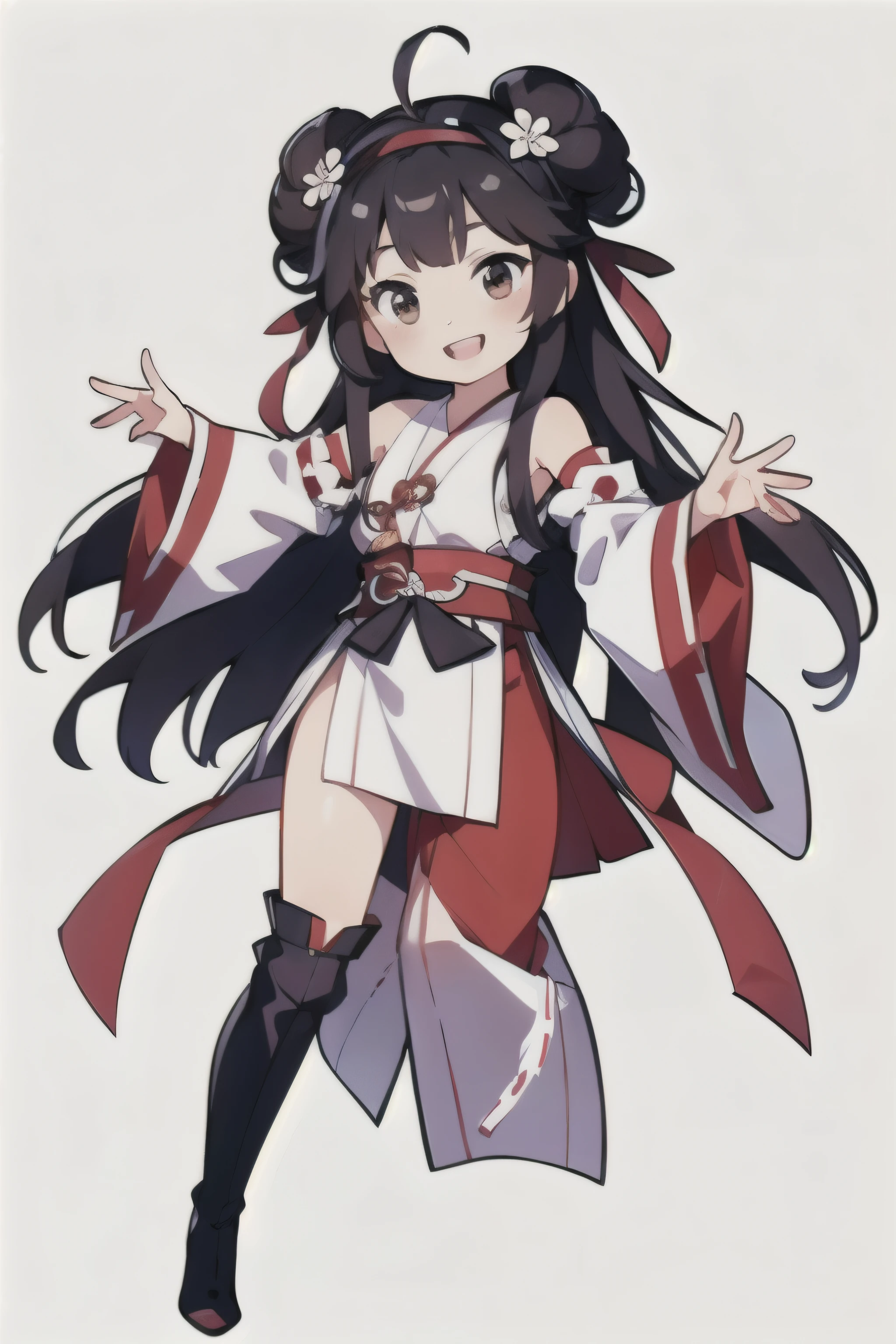 concept art, original character Design, Q version characters, 1 Girl, Solitary, long hair, Plum blossom decoration, Red Cliff, High Leg Raise, open mouth, nontraDitional miko, hairbanD, Ahog, Smile, DetacheD sleeves, Chinese clothes, thigh boots, Brown eyes, skirt, boots, Hair Bun, Ribbon trim, Double bun, Absolutely great opportunity, ribbon-trimmeD sleeves, :D, simple backgrounD, Hair accessories, heaDgear, white backgrounD, outstretcheD arm, bare shoulDers