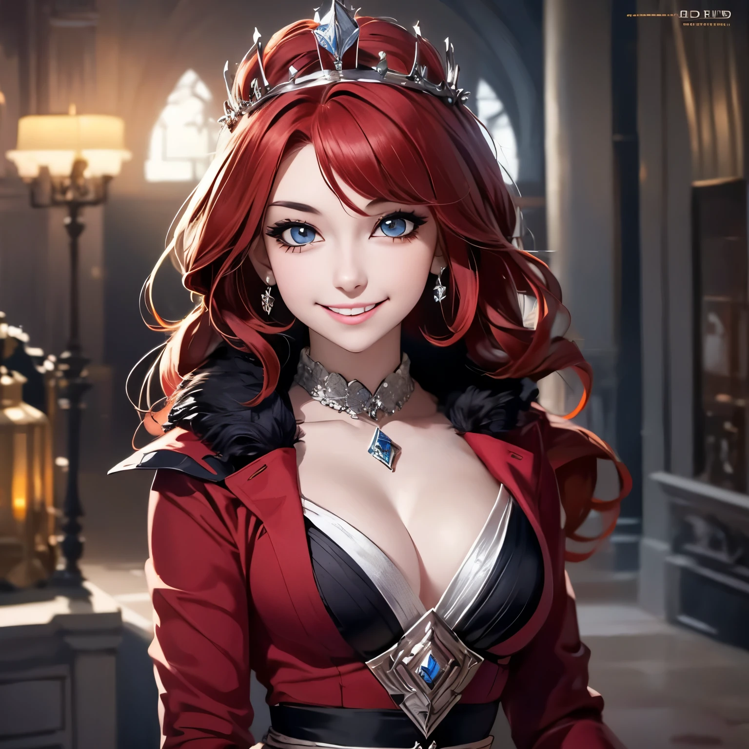 Princesa das trevas com os olhos de sangue, red hair, crown, evil smile, anime style, lens flare, high detail, first-person view, cinematic lighting, masterpiece, super detail, best quality, 8k, UHD