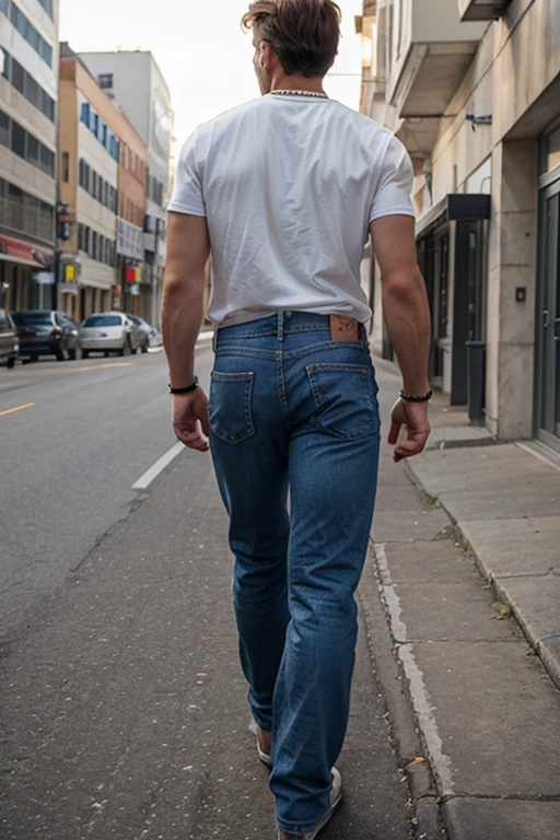 draw me a draw me a man walking in jeans from back perspective. he is looking to his front