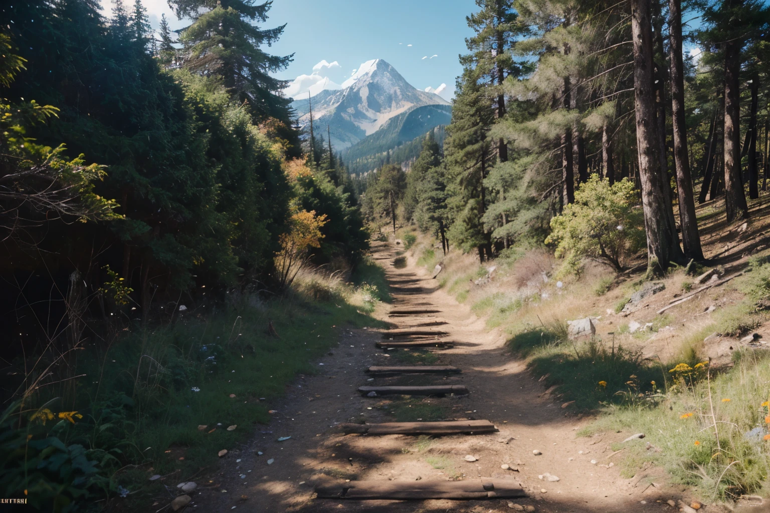 Realistic, real life, beautiful hiking trail with background by greg rutkowski, style of laurie greasley, studio ghibli, akira toriyama, james gilleard, genshin impact, trending pixiv fanbox, acrylic palette knife, 4k, (vibrant colors), (highly saturated), devinart, trending on artstation