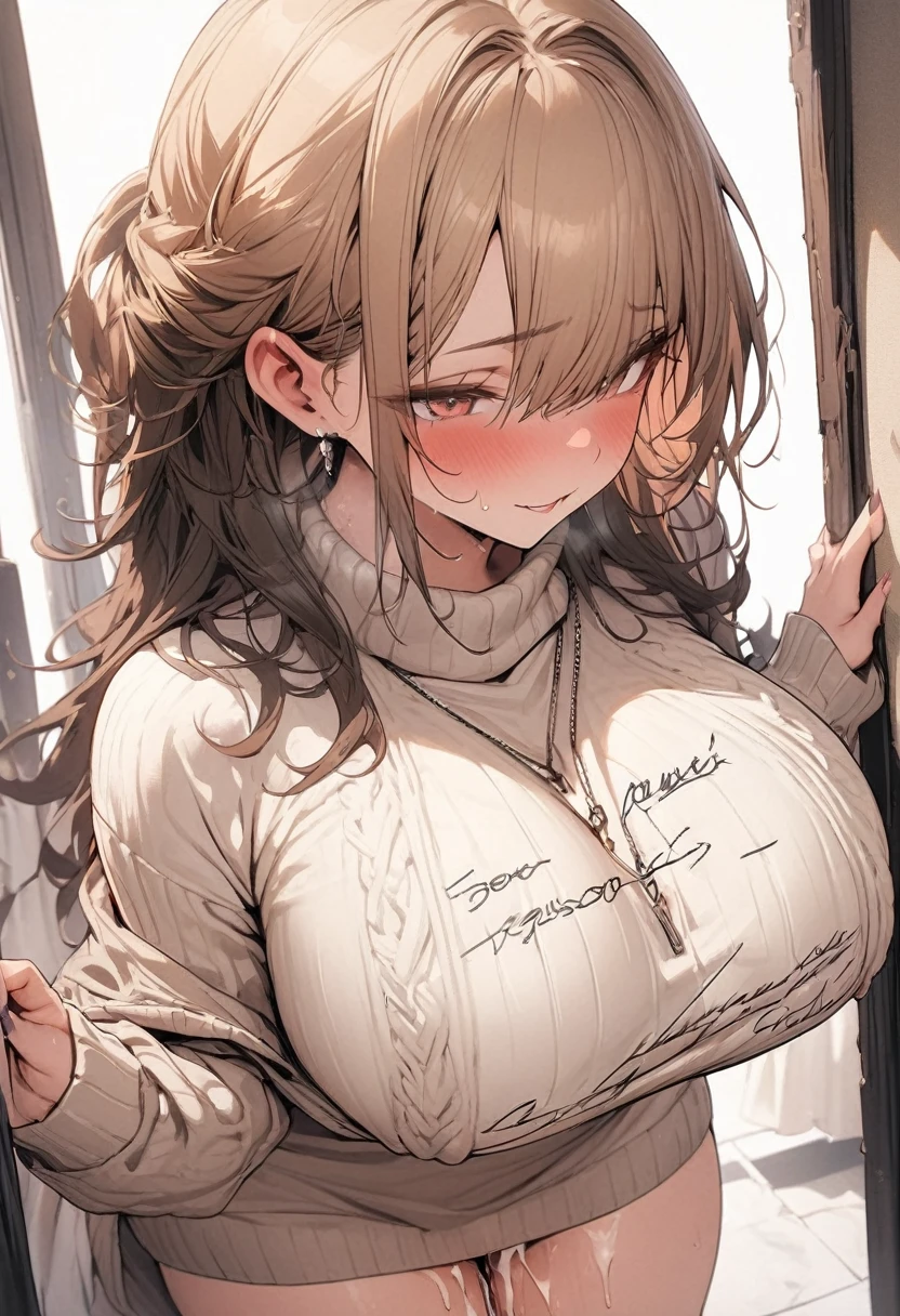 masterpiece, highest quality, so beautiful, Sweater dress,Handwriting,Brown Hair,Big Breasts,cum pussy,