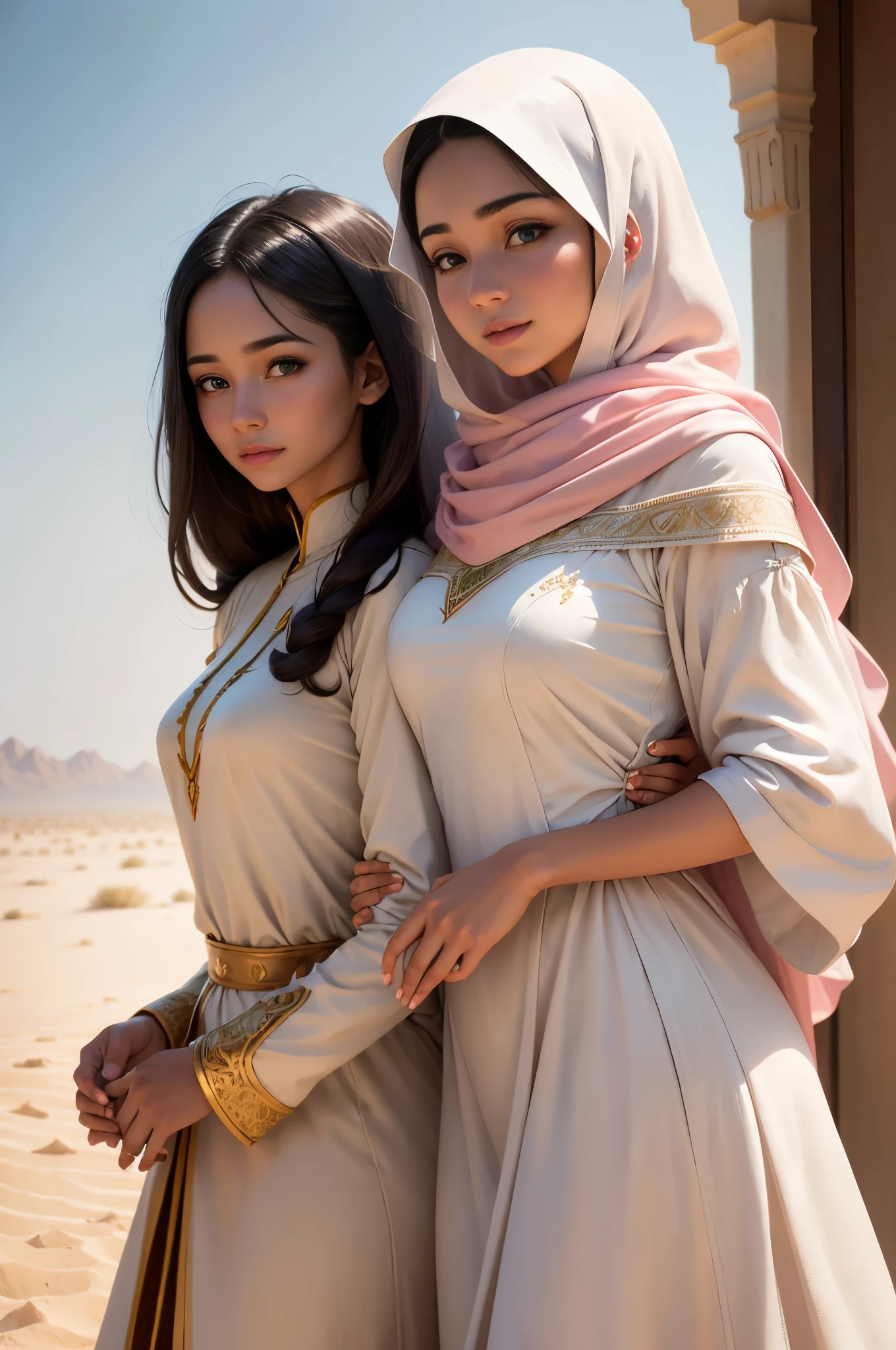 Masterpice, high quality 4k resolution, Elegant and charming image, Powerful and mysterious Arab woman,black hair, amazing green eyes, Her flowing hair fluttered in the flowing desert breeze. She wields a gorgeous bow, Decorated with intricate decorations and ornate designs. sunrays casting long shadows, Highlight the delicate beauty of women,pink lips, glowing green eyes, blushing cheeks,warm smile with white teeth, wearing gulf uniform for princess , Evoke a sense of mystery and connection. The shallow depth of field isolates women from the desert environment, Emphasize the strong connection between the two. Shallow depth of field, Soft lighting, portrait lens,