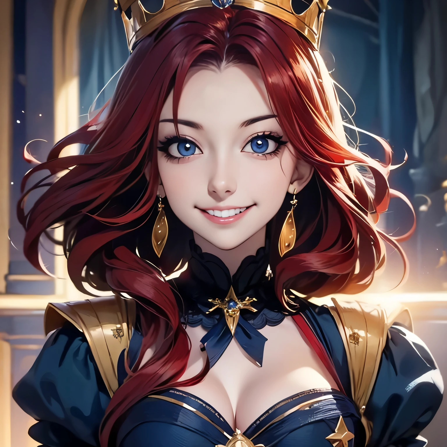Girl, red dress, gold stripe in the middle of the dress, a shiny gold flower, red hair, blue eyes, and a red lip.smile ,,Cheerful girl,crystalline dress