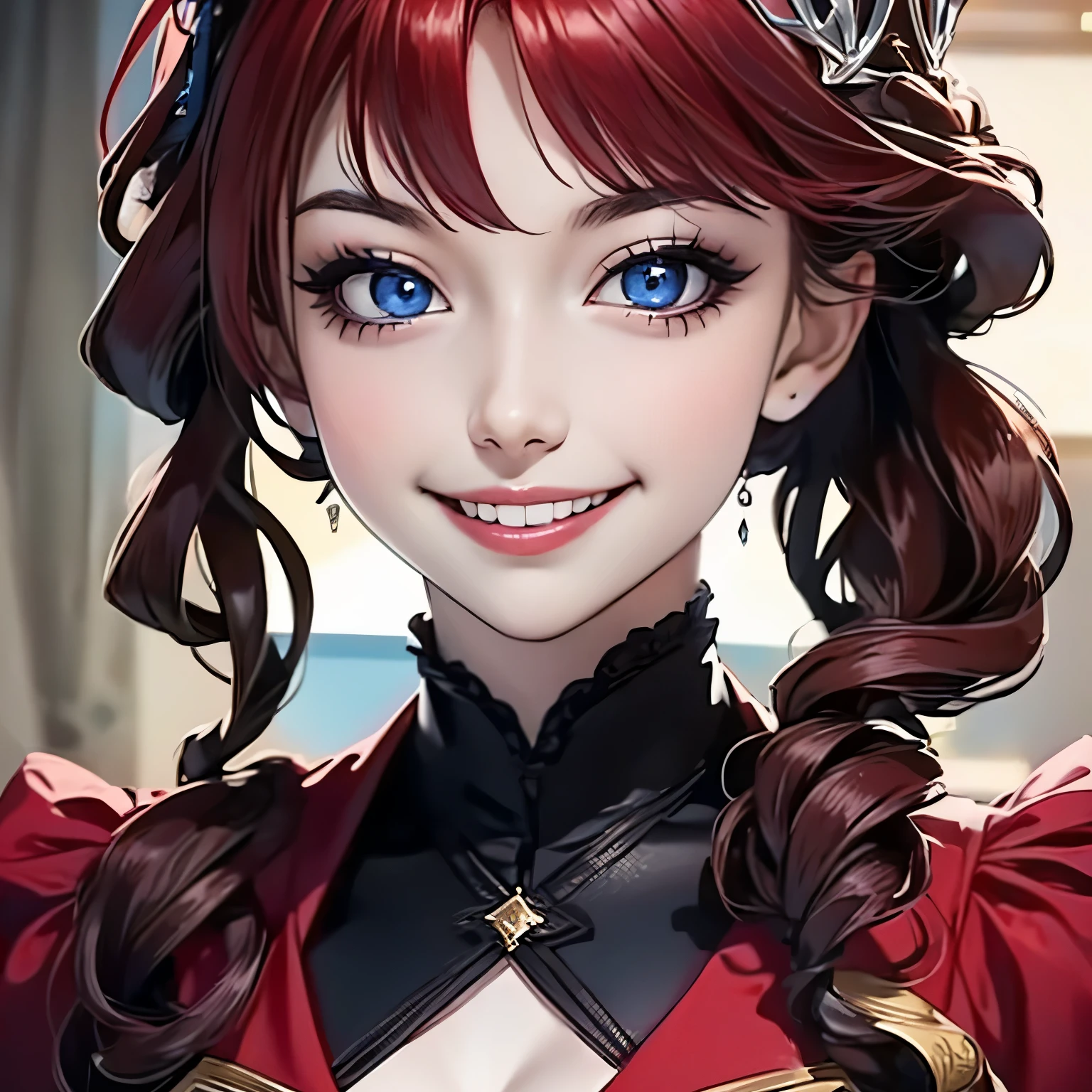 Princesa das trevas com os olhos de sangue, red hair, crown, evil smile, anime style, lens flare, high detail, first-person view, cinematic lighting, masterpiece, super detail, best quality, 8k, UHD