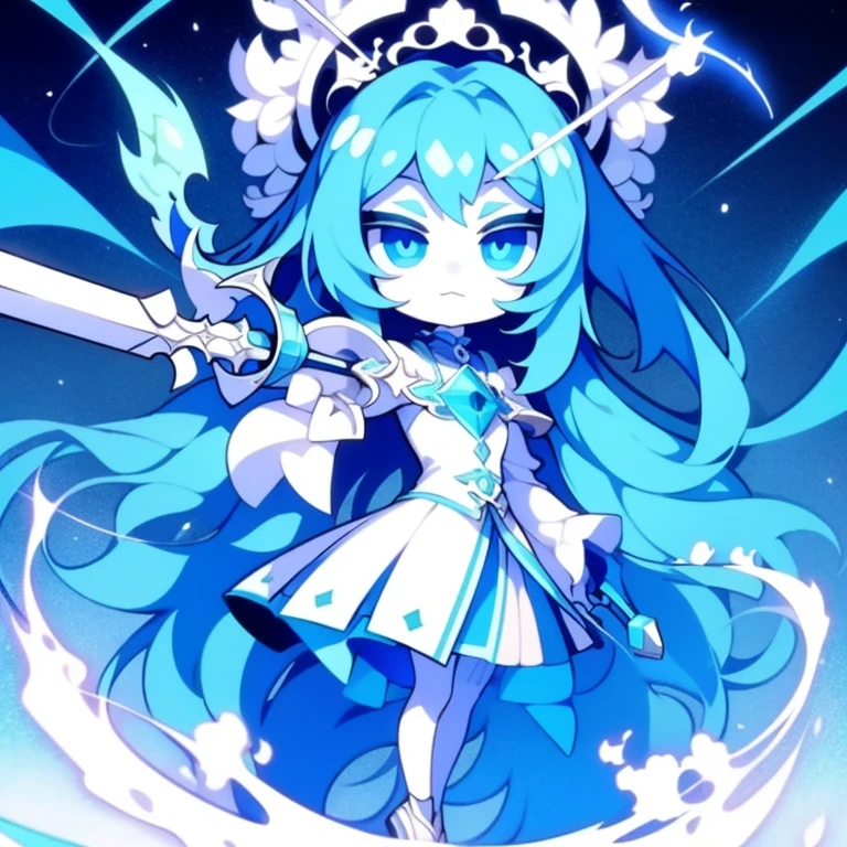 Half-length statue of a girl,k hd,4K,face expressionless,style of anime,sideface,white backgrounid,blue color eyes,white color hair,((full body)),Confused eyes,(default character)SD character, masterpiece,best quality,ultra detailed,4K,super fine illustration,highly detailed beautiful face and eyes,cyan color scheme, lighting,fantasy,extremely solemn atmosphere,long hair,floating hair,smirk,fighting stance,dynamic pose,(holding glowing sword:1.3),particle light,luminescence,plasma,electric current,blue flame,sense of depth,dynamic angle,
