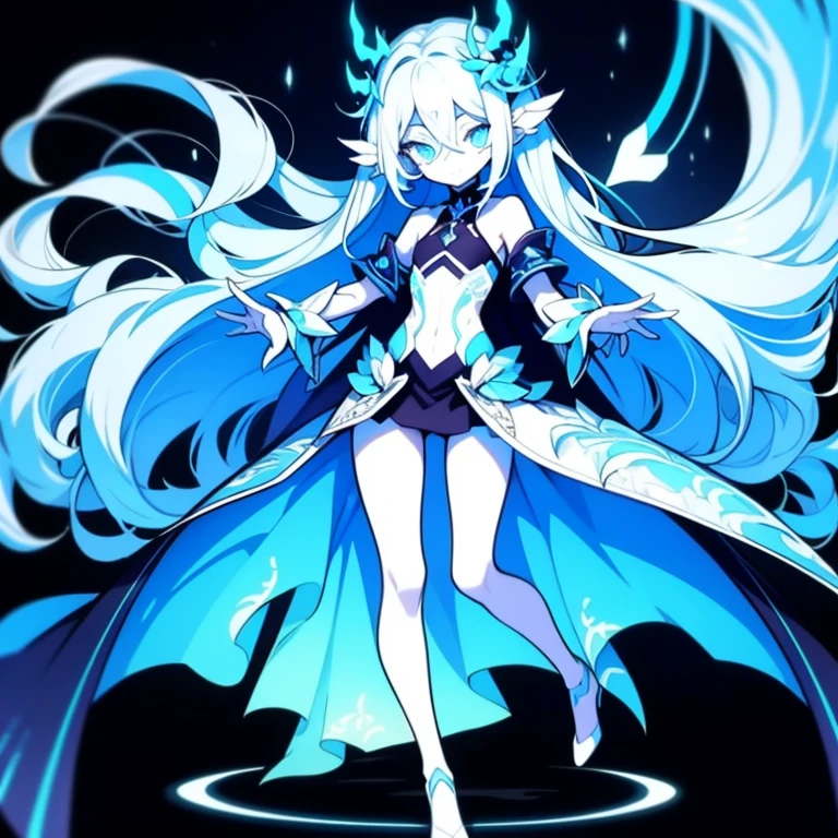 Half-length statue of a girl,k hd,4K,face expressionless,style of anime,sideface,white backgrounid,blue color eyes,white color hair,((full body)),Confused eyes,(default character)SD character, masterpiece,best quality,ultra detailed,4K,super fine illustration,highly detailed beautiful face and eyes,cyan color scheme, lighting,fantasy,extremely solemn atmosphere,long hair,floating hair,smirk,fighting stance,dynamic pose,(holding glowing sword:1.3),particle light,luminescence,plasma,electric current,blue flame,sense of depth,dynamic angle,