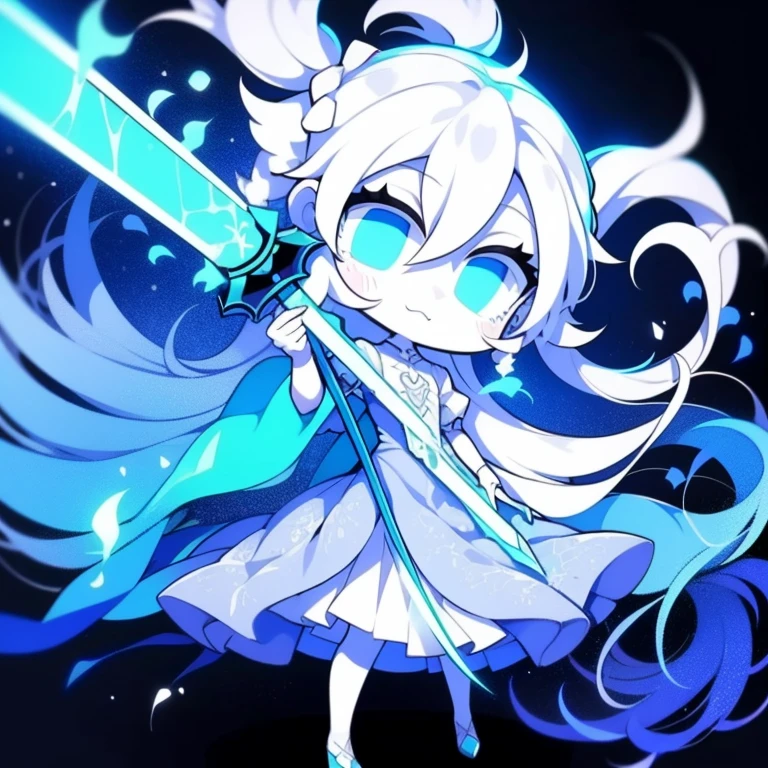 Half-length statue of a girl,k hd,4K,face expressionless,style of anime,sideface,white backgrounid,blue color eyes,white color hair,((full body)),Confused eyes,(default character)SD character, masterpiece,best quality,ultra detailed,4K,super fine illustration,highly detailed beautiful face and eyes,cyan color scheme, lighting,fantasy,extremely solemn atmosphere,long hair,floating hair,smirk,fighting stance,dynamic pose,(holding glowing sword:1.3),particle light,luminescence,plasma,electric current,blue flame,sense of depth,dynamic angle,