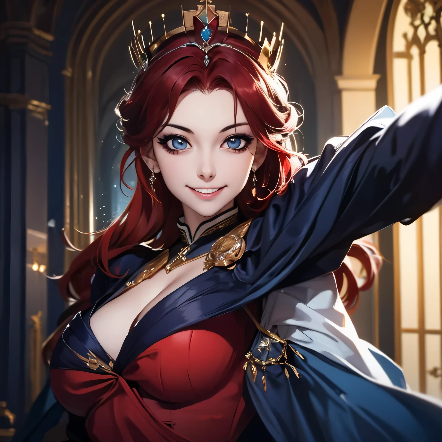 Princesa das trevas com os olhos de sangue, red hair, crown, evil smile, anime style, lens flare, high detail, first-person view, cinematic lighting, masterpiece, super detail, best quality, 8k, UHD