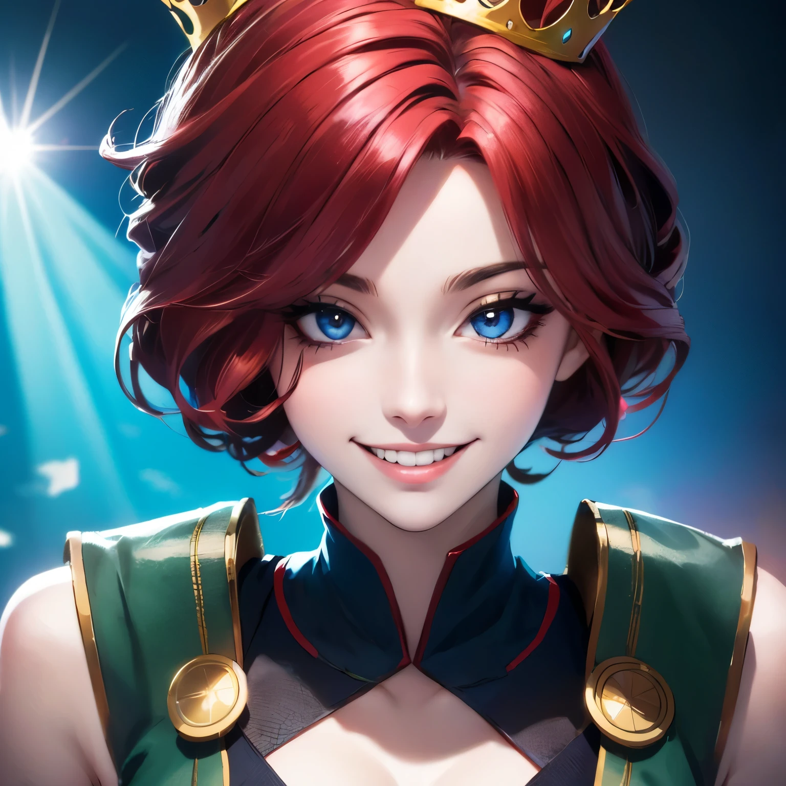 Princesa das trevas com os olhos de sangue, red hair, crown, evil smile, anime style, lens flare, high detail, first-person view, cinematic lighting, masterpiece, super detail, best quality, 8k, UHD