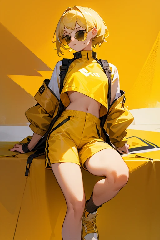 A girl on the yellow dirty base with yellow jacket, yellow sneakers, yellow shorts, blonde hair, sunglasses, sunny air, yellow crop top