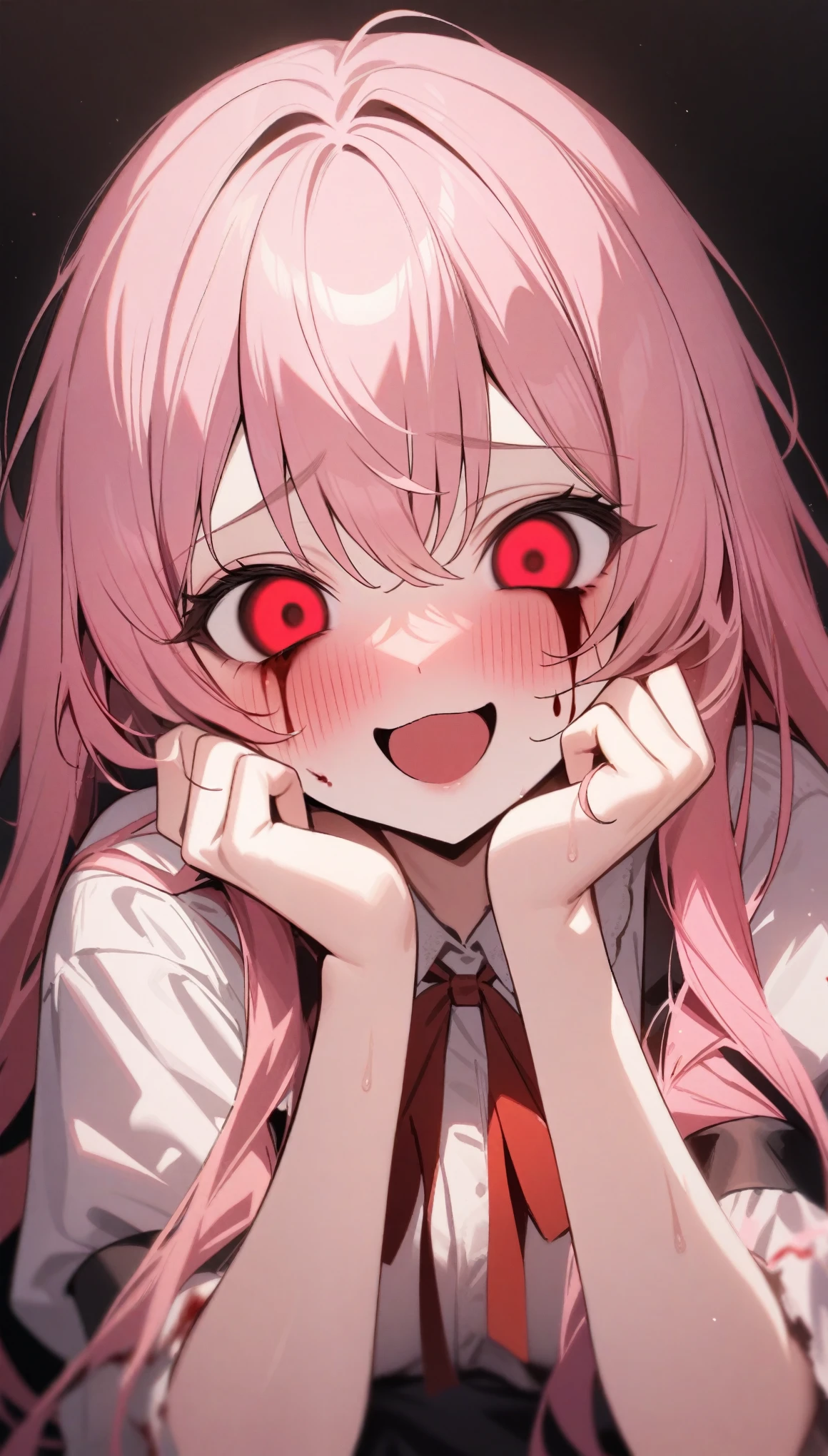masterpiece, best quality, very aesthetic, absurdres, newest, 
gasai_yuno(mirai_nikki), 1girl, blush, hands_on_own_cheeks, hands_on_own_face,blood,shadow on eyes, looking_at_viewer, open_mouth, black background, pink_hair, red_ribbon, ribbon, smile, upper_body, yandere, yandere_trance