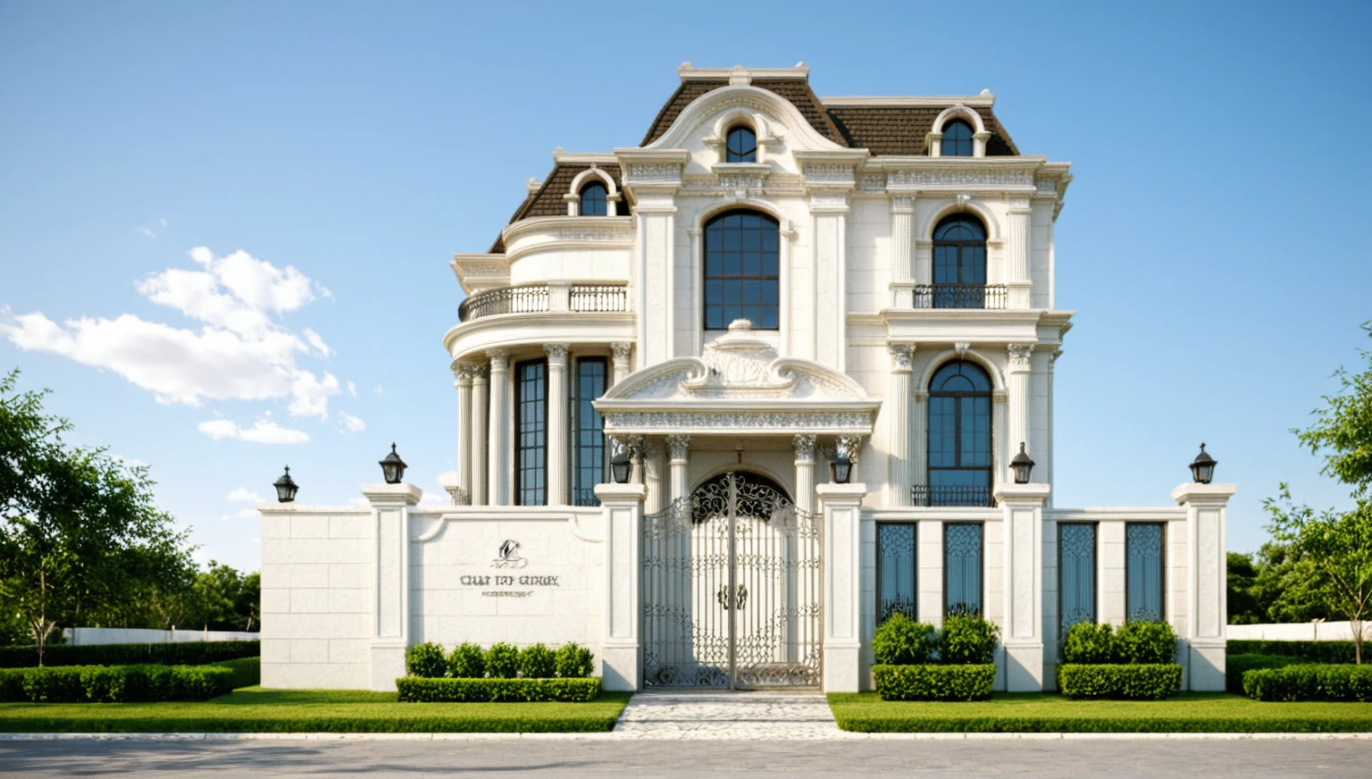 neoclassic house, exterior design, (white wall:1.2), (cornice details, neoclassical relief details), (iron gate), (reflection glass Tree shadow scattering), window, (focus on object), (Neutral lighting is suitable for the neoclassic house, light color thermometer lighting), (architectural design visualization), (focus on object), (material normal bump real reflection), (scattered light), (light ray), (multi-beam light), (sunbeam) (multi-level reflection), (chao vantage software visualization render),(((Best Quality))), ((Masterpiece)), ((best illustration)), ((best shadows)), ((Super Detail)), (Intricate lines), (Photorealism),(hyper detail), ((archdaily)), ((award winning design)), (dynamic light), ((dawn sun light )), (perfect light), (shimering light), ((photorealistic)), ((intricate detail)), ((extreme detail)), ((crazy detail)), ((octane render)), ((trending on artstation)), ((High-fidelity)), ((Viwvid)), ((Crisp)), ((Bright)), ((Stunning)), ((Eye-catching)), ((High-quality)),((Sharp))((Bright)), ((Stunning)), ((natural sun environment)), ((Eye-catching)), ((Illuminating)), ((Flawless)), ((High-quality)),((Sharp edge render)), ((medium soft lighting)), ((photographic render)), ((detailed archviz)), ((reality environment)), (neoclassic house design architectural design facade), (neoclassic house facade roof design), (neoclassic house facade wall design), (neoclassic house facade decoration material design) (neoclassic house facade door and window design), (environmental lighting design), (neoclassic house facade lighting design), (neoclassic house front gate and fence design), (tree decoration design for neoclassic house facade), (Design lights for gate posts and fences), (neoclassic house facade railing design), (level of photo realism, depends on lighting, materials, composition, Real-Time Rendering, based on chao vantage timage rendering graphics software)