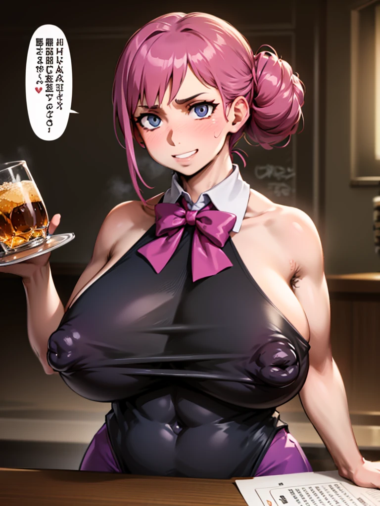 (1milf, solo), sitting, (sleeveless shirt, bartender uniform, bow tie), French twist updo, embarrassing big smile, (masterpiece best quality), delicate illustration ultra-detailed, sagging huge breasts, (bar counter, cashier), work desk, detailed background, (((showing hairy armpit hair))), thick makeup, upper body only, pamphlet, in bar counter, sweating, menu, whiskey bottles, bar atmosphere, sperm drink