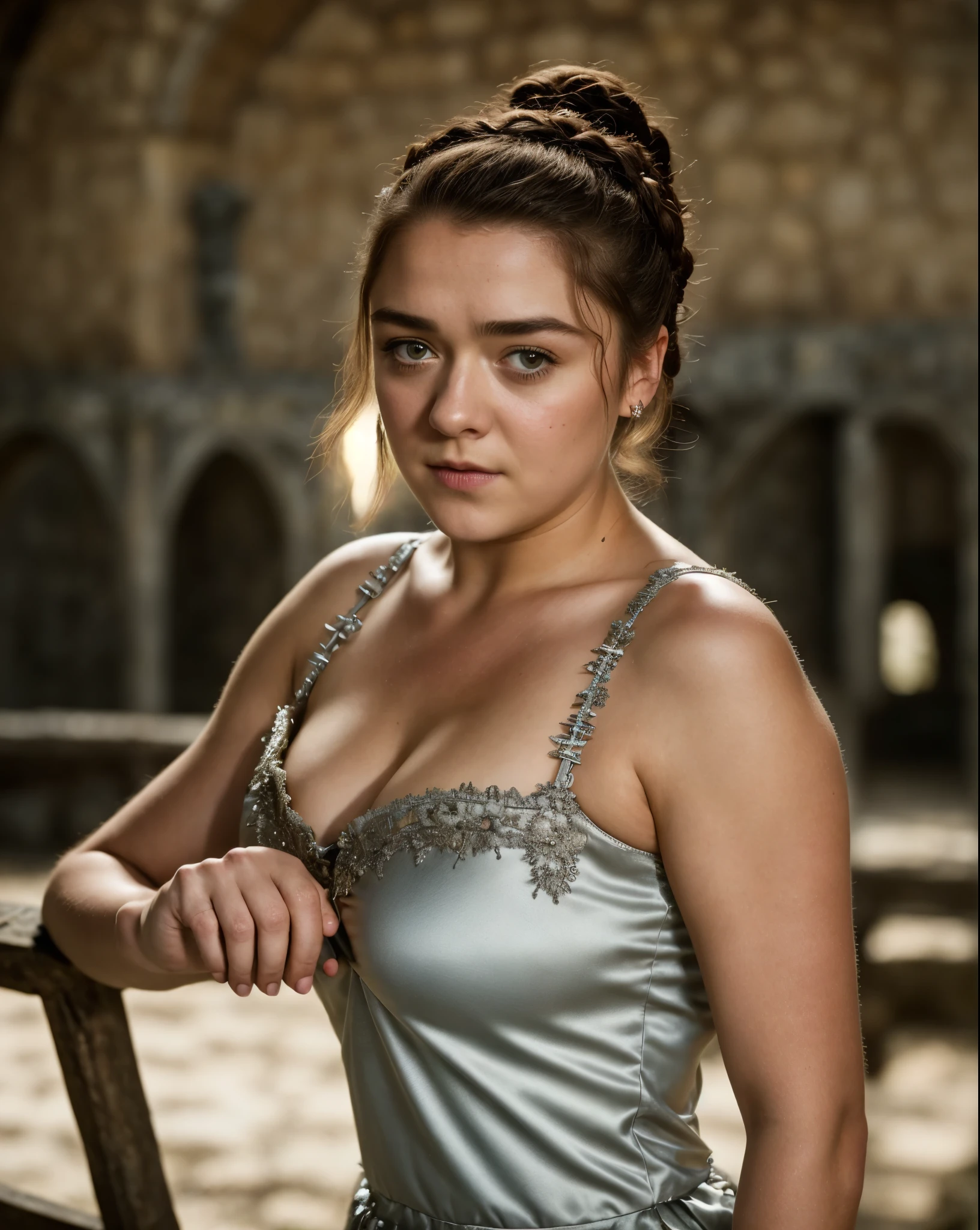 Foto RAW, Arya Stark, Stunning Beauty, Ravishing, Enchantress, Extremely gorgeous lady, Arya Stark PLAYED BY MAISIE WILLIAMS, Queen Arya Stark, she a mature woman now, milf, sexy mediaeval battle dress, gladiator woman, body, 40 years old Woman, Roman slave dress, cotton dress, busty mediaeval costumes, body revealing costumes, perky breast, big natural breast, erotic costumes, lusty physique, seductive figure can capture every people's attention, Game of thrones costumes, revealing captivating figure, Mediaeval costumes, revealing clothes, A tomboy, she would rather fence than dance, warrior queen , game of thrones screen caps, Game of Thrones Series, (pele altamente detalhada: 1.2), 8k UHD, DSLR, soft-lighting, alta qualidade, grain of film, Fujifilm XT3, flawless picture, highly detailed, detailed Beauty, intricate, 32k, sharp picture,