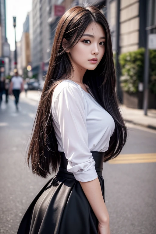 (Masterpiece), (Top quality), (Realistic high definition), (Eye details), (Facial details removed), Calm tones, muted colors, High contrast, (Natural skin textures, Hyperrealism) , sharp), exposure blending, bokeh, long hair, black hair, (long black skirt), (long tight skirt), breaking White blouse, sexy, cowboy shot, eyes in focus, low angle,